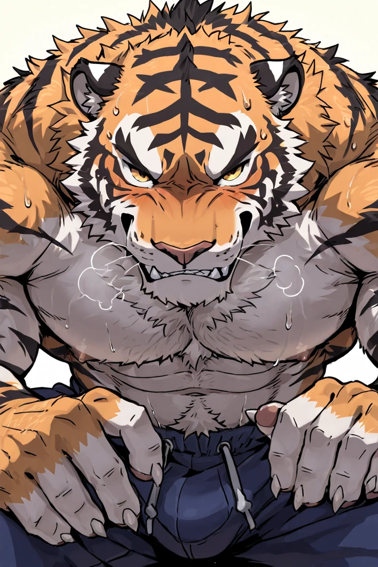 tiger，serious，the strong，Plush body，Fluffy tail（best quality）（Black scar），Black loincloth，（Topless）