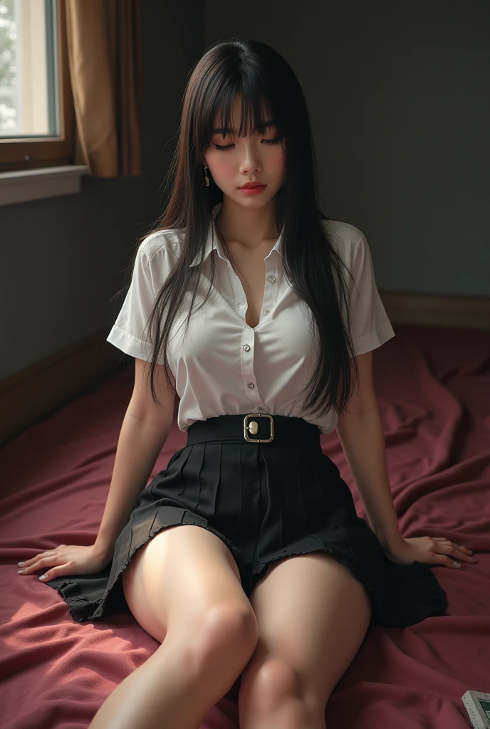 top Quority， realisticlying， 8K， k hd， 1 rapariga， Female pervert， （1.8）， schools， Female Student， blazer jacket， 校服，Visible nipple， with no underpants， The skirt is boldly pulled up， （（sit on chair，legs are open））， bend the knees and open the legs，Open your legs by grasping your knees with your hands， Buttoned shirt flutters，wistful look