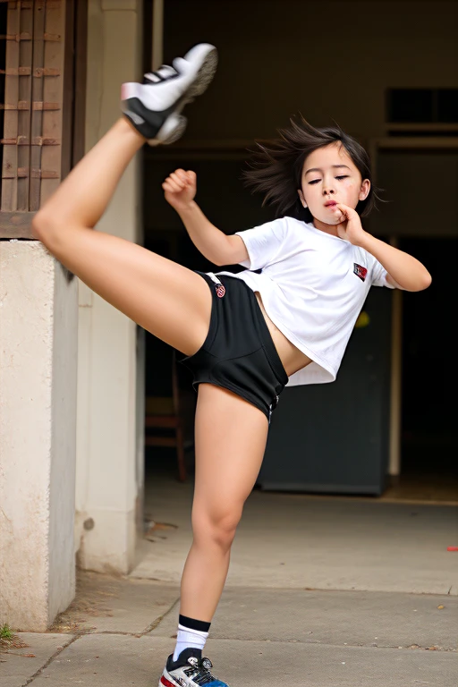 Photorealistic, One girl, Long Hair, Black Hair, Gym,(ponytail),（NUDE）,Excited, Fighting Pose, A light smile, Primary school students, 7 years old、Spread your legs、（（（No neck、The neck is cut、Blood is coming out of the neck、Behead、grotesque、it hurts、Ryona、Bleeding）））