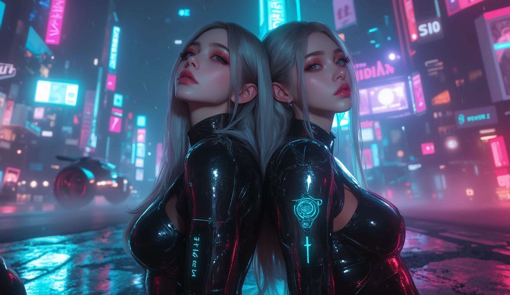 (Meisterwerk), (best quality), ultra-detailliert, fotorealistisch,  8k resolution , Kinematic daylight, 
two gothic girls sitting back to back, symmetrical dramatic pose,  
Hyperrealistic cyberpunk portrait of a stunning young woman in sleek black latex , leaning casually against a futuristic armored hovercar in the heart of a neon-soaked megacity at night. Her right arm is a fully articulated chrome cybernetic limb, with glowing data lines pulsing through transparent panels. She has long, silky platinum hair with neon streaks, slightly windblown, framing a flawless face with piercing icy-blue eyes and a subtle smirk of confidence. Her outfit gleams under the rain-slick streets’ reflections, hugging her athletic, feminine form.

Behind her, holographic billboards, flying cars, and towering skyscrapers disappear into a hazy mist of pink, cyan, and violet light. The hovercar’s surface is covered in luminous circuit patterns and kinetic armor plating, softly glowing with power. A faint holographic HUD projects from her cyber-arm, casting a cyan glow onto her face. The atmosphere is cinematic and moody — heavy rain, reflective puddles, steam rising from vents, and shimmering neon shadows.

Masterpiece quality, 8K ultra detail, photorealistic cyberpunk concept art, intricate textures, dramatic lighting, trending on ArtStation, Unreal Engine rendering, hyperdetailed, atmospheric depth of field, bokeh effects, perfect , cinematic realism.
