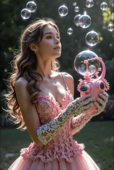 손에 들고 있는 비눗방울 기계의 아름다운 여성