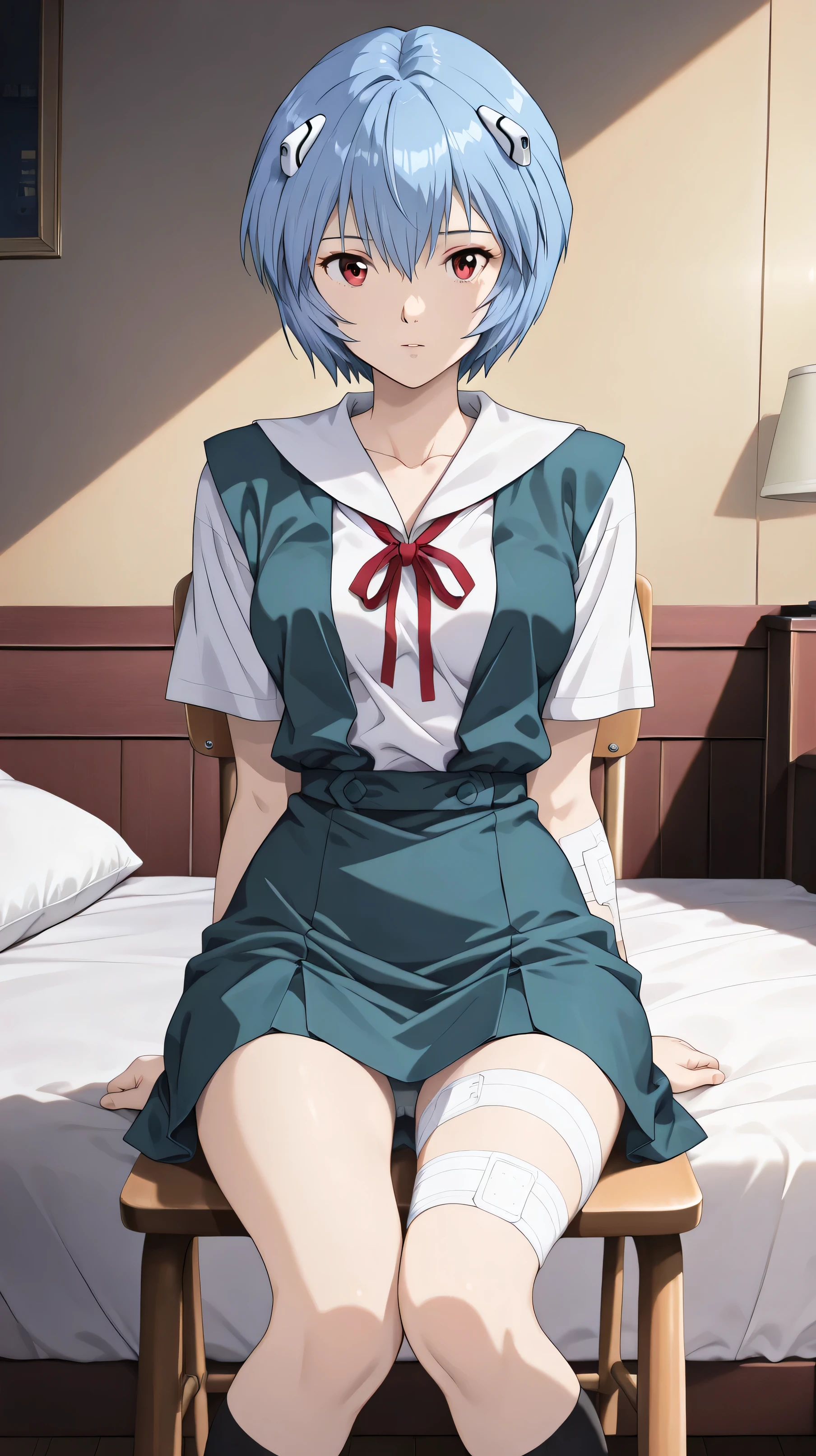 cinematic, (masterpiece), (Highest Quality), (Super Detailed), very aesthetic, illustration, realistic illustration, Perfect configuration, complicated details, super high resolution, detailed face, (anime, masterpiece, complicated:1.3), (Highest Quality, high resolution texture, very detailed:1.2), (4K),(incredibly detailed:1.4),detail eyes,   Real Shadow,  1girl,Ayanami Rei from below, (school uniform,bandage,)
bright room、sit on a chair、cross your legsいる、,moonlight,1980’s anime style, ,effect ,(show The Dark Knight:1.3)、sit on a chair、cross your legs、open 、cowgirl position, open legs, on bed、undressing、A woman is grabbed by the chest from behind by a man