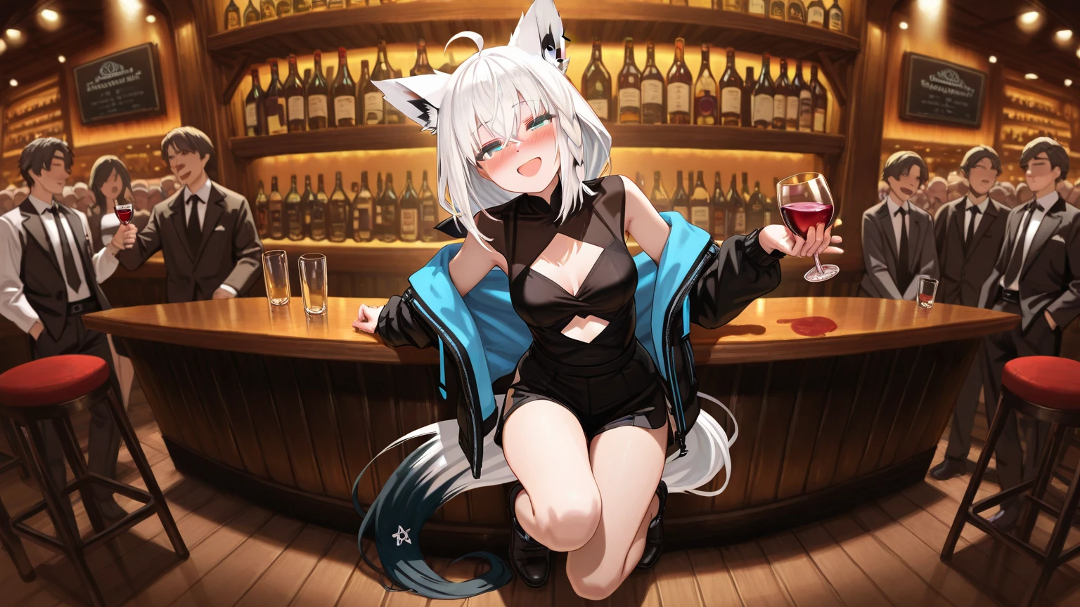 NSFW,masterpiece,Highest quality,High resolution,Super detailed,Shirakami Fubuki\(Hololive\),Gray Hair、One-sided braid、Ahoge、Earrings、Fox ears,Fox Tail,(Leather leotard),High leg,Open crotch,(Body Harness),Micro Mini Skirt,Fishnet tights,Embarrassed,Frustrated face,Lust,blush,Expecting face,(Ahegao),Smirking face,Love Hotel at Night,Luxurious Room,sofa,low table,sake,chandelier,(To flatter),want,Streaks,(Sex slave),(Middle-aged men),A man puts his hands on her waist and hugs her,Having sex,Insert the penis,Creampie,heart,Wet,(Squirting),From the side