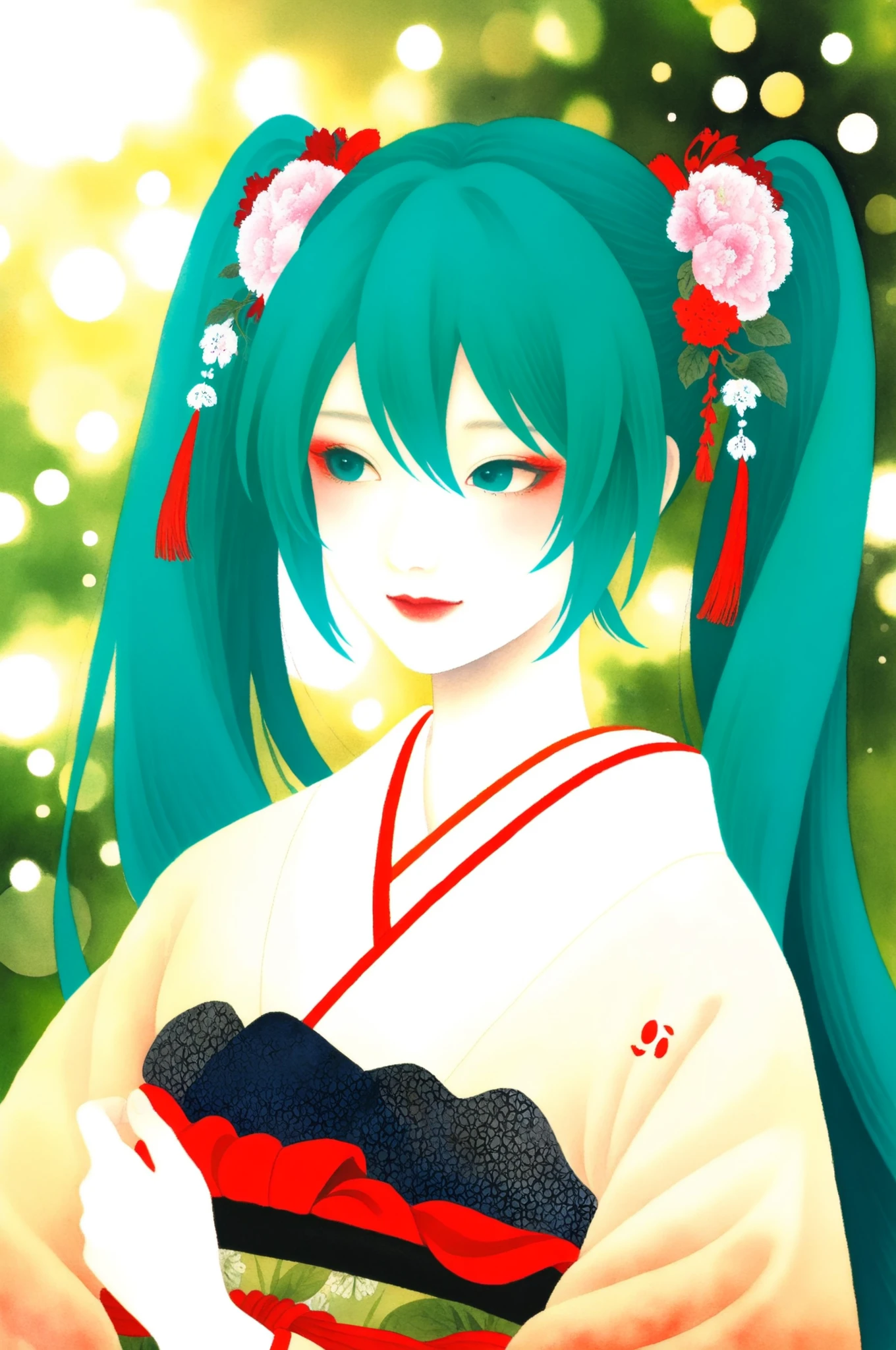 J_paint,hatsune miku, High Quality,Women's Japanese Paintings,facial detail,Graceful Posture,calm expressions,Delicate skin,Smooth Hair,Graceful Outfit ,natural background,soft lighting,traditional Japanese painting,watercolor,4K resolution,super definition,Realistic,Faded colors,bokeh