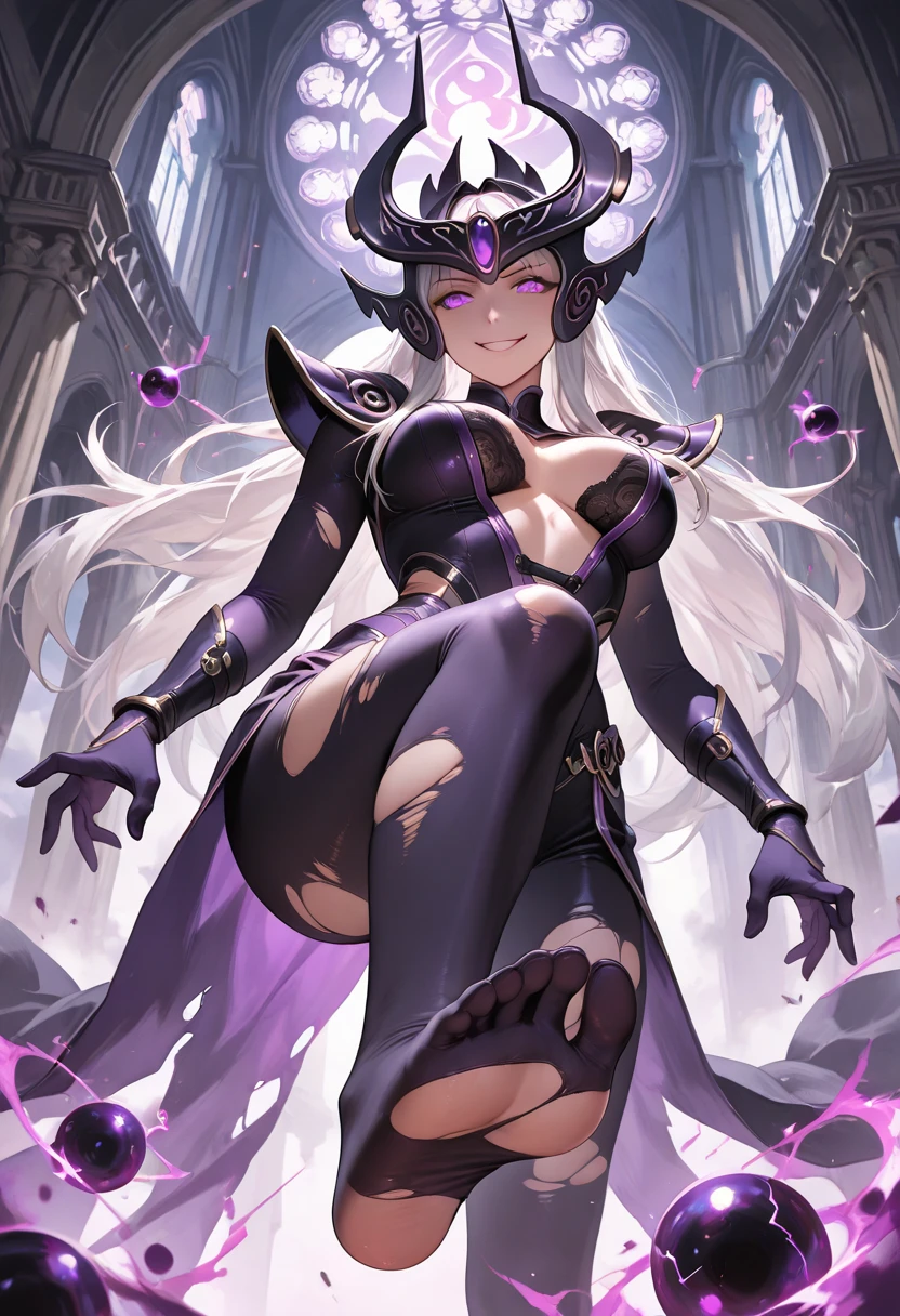 dnd woman character , drow woman , dark purple skincolor, big purple eyes, long wavy silver hair, graceful, mystical , white and gold dress
