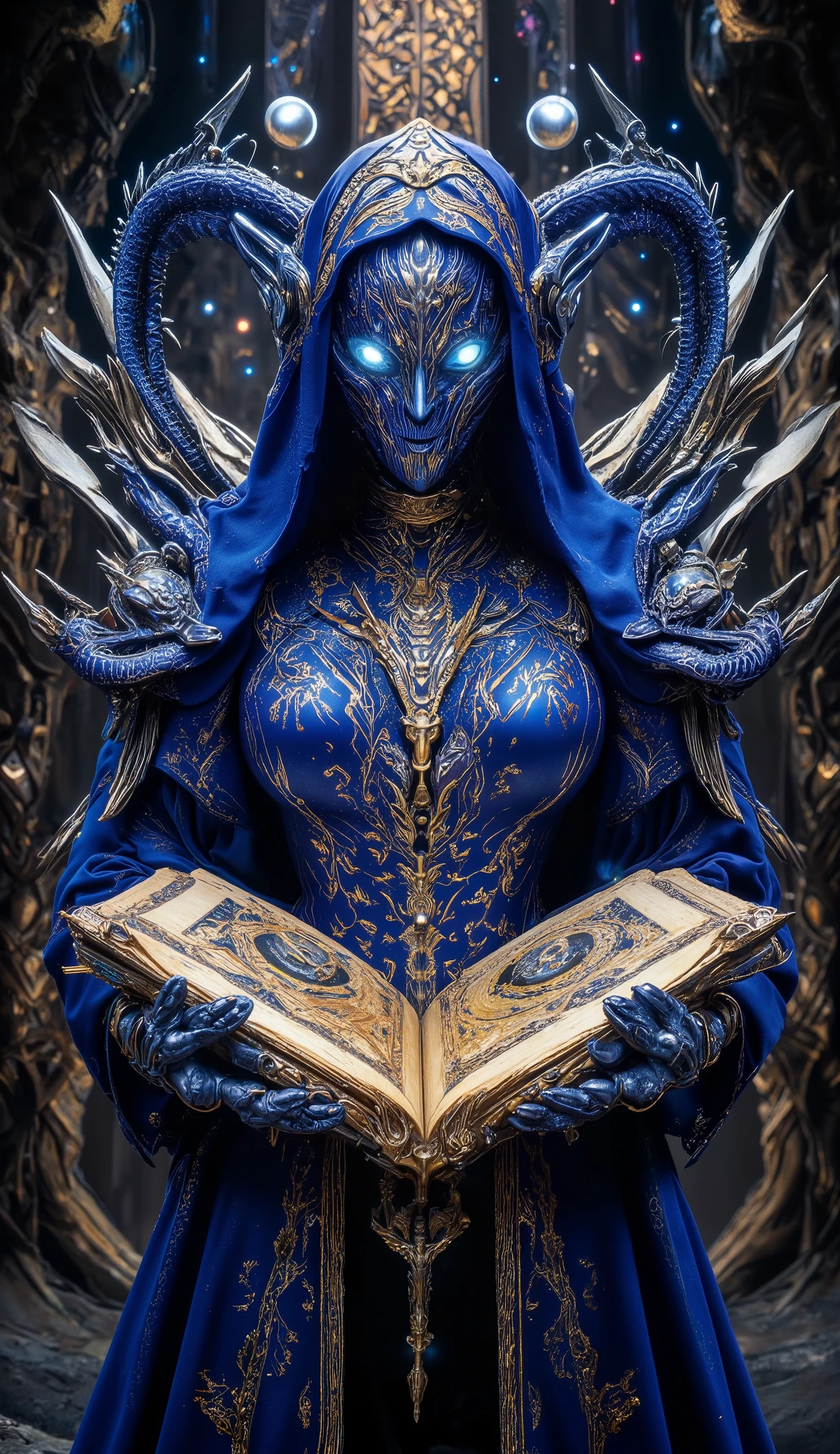 Surreal Painting, An extravagant, mysterious female figure dressed in intricately embroidered cobalt blue medieval clothing that fits her form perfectly , A jeweled rosary necklace with a large crucifix rests on her shoulder,Allusions to a historical or religious background or past lives, her hands are tightly gripping a very ancient illuminated book of Alchemy glowing with ancient magics and Angelic Enochian magic, with arcane graphs and suggesting studiousness and contemplation, A number of abstract shapes and dragon heads, cyclops things and creatures of myth blend seamlessly around the mysterious figure's head,Set against a vivid , an alien cosmic montage of strange vistas of backdrop, Jagged iridescent geometric shapes, The background features celestial bodies such as planets and moons,Above these shapes are disarticulated eyes,Adding to the dreamy, mysterious atmosphere, The scene is set in a dark, expansive temple open to the sky, Suggesting a journey through time and space, The contrast of light and shadow, Fantastic Mood, A visually appealing piece, Deep symbolism, Various interpretations.