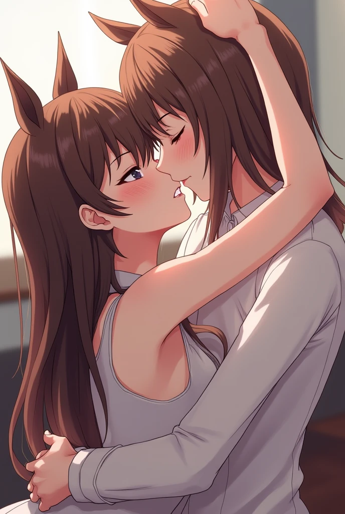 open legs widely, hug, fingering, blush, ((full naked)), 1girl, 1 boy long hair, animal ears, brown hair, score_9, red eyes, fox tail, looking at viewer, bedroom, night, large breasts, kiss,