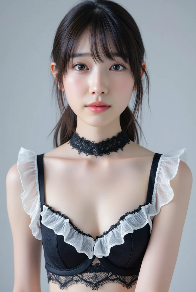 Korean, Realistic, artwork, finishing details, Realistic photo, intricate details, octane rendering, 8K, 1 girl, full body, perfect face, beautiful face, reference, hair details, black ribbon, black gloves, black legs, blue eyes, blue hair, ribbon, collarbone, dress, hair sticking out, wrinkles, wrinkles, gloves, headdress, high resolution, long hair, open lips, puffed arms, purple eyes, smile, alone, white dress, oily skin,