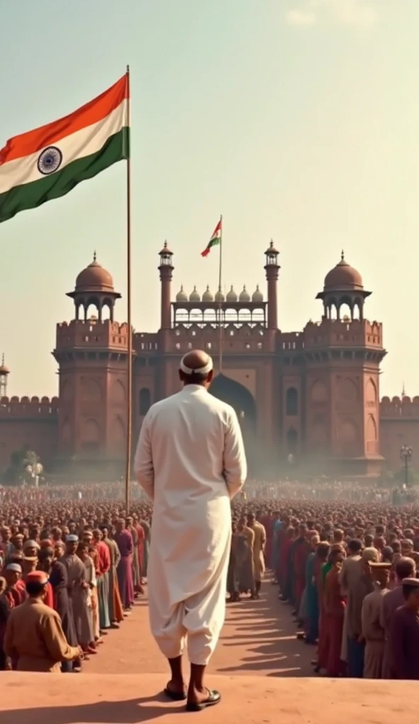 there is a man standing in front of the indian flag pole with people standing around, fog!!!, no fog, inauguration, fog!, patriotism, with fog, fog, mist, vista view, stunning visual, eye level view, outdoor, bird eye view, a wide full shot, unusual composition, monument, shot on canon camera, masterpiece work of art, iconic shot, ((the flag is flying)), (((Indian flag)))