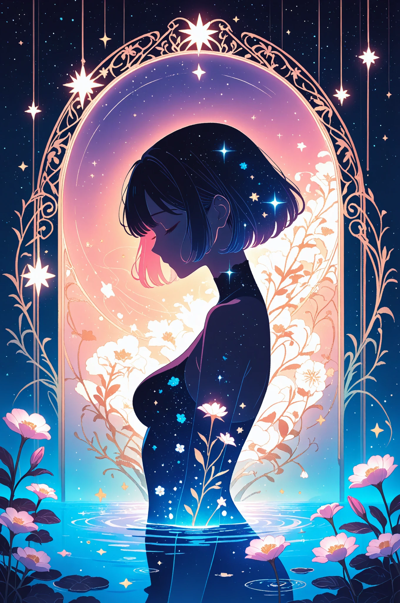1 beautiful anime girl silhouette, side profile, closed eyes , soft expression, inside silhouette a double exposure of nature scenery with water, flowers, stars, and sunlight, dreamy warm lighting, highly detail, intricate floral elements blending with her shape, cinematic composition, ethereal atmosphere, very aesthetic, super high resolution, amazing quality, 16K,