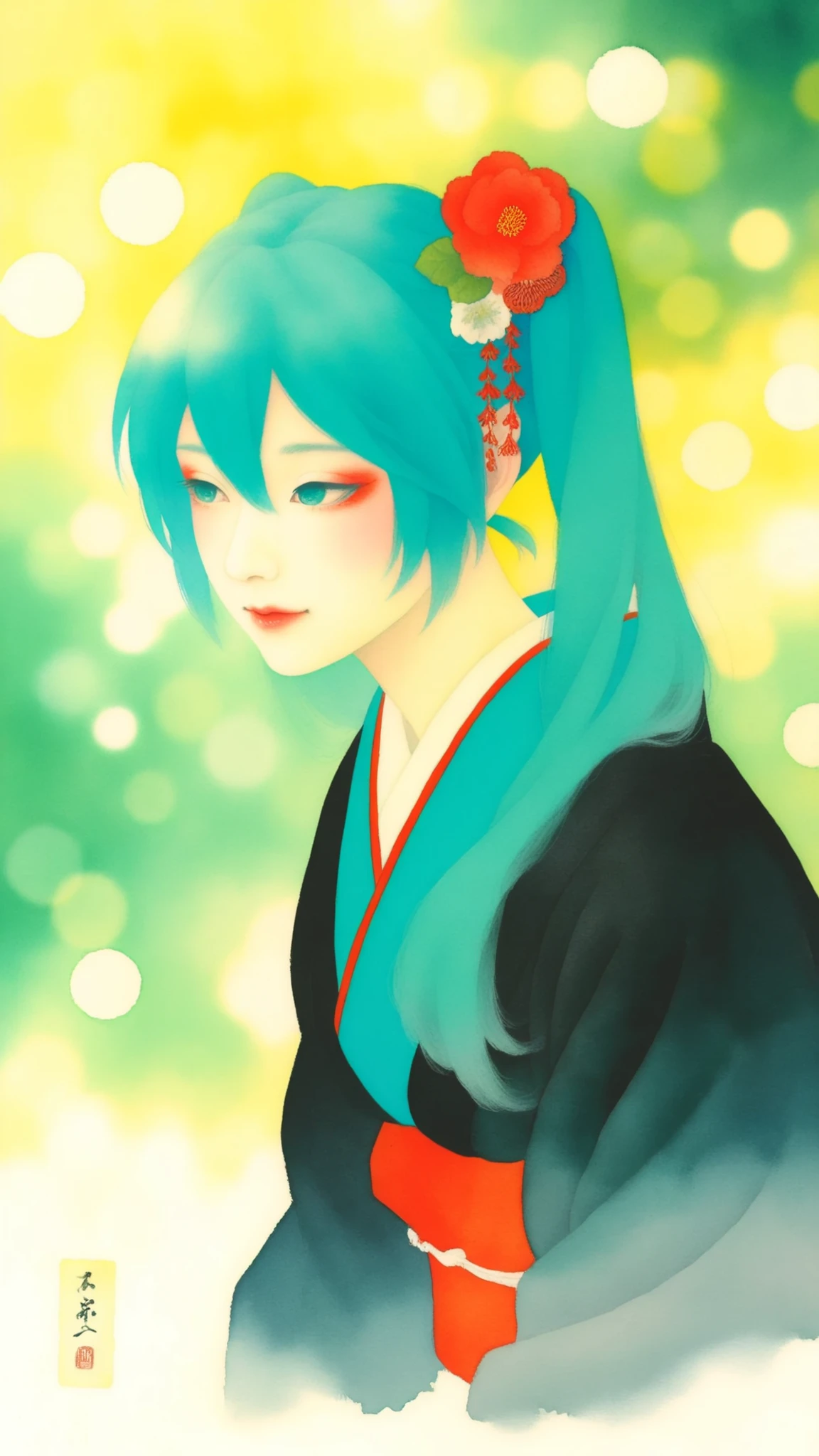 J_paint,hatsune miku, High Quality,Women's Japanese Paintings,facial detail,Graceful Posture,calm expressions,Delicate skin,Smooth Hair,Graceful Outfit ,natural background,soft lighting,traditional Japanese painting,watercolor,4K resolution,super definition,Realistic,Faded colors,bokeh