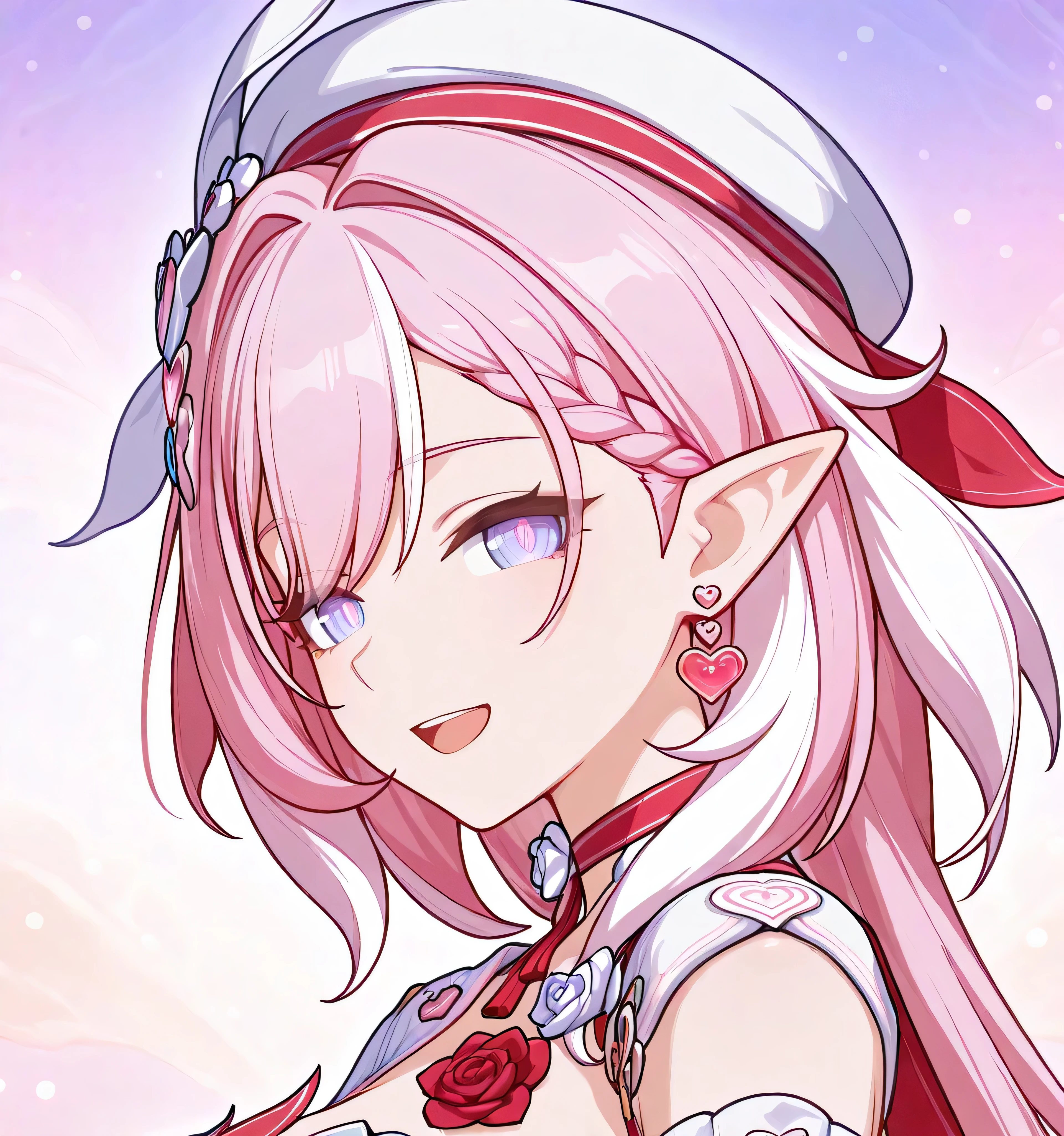 masterpiece , best quality , ultra-detailed , very aesthetic , vibrant , perfect face , 2d , perfect eyes , detailed eyes , 1girl , solo ,standing , looking at viewer ,:D , elysia (honkai impact) , long hair, Pink Hair, braid , streaked hair , white streaks , hair ornament , pointy ears , heart earrings , purple eyes , strapless dress , heart hair ornament , white dress , white sleeves , jewelry , heart-shaped gem , red rose , flower , red tassel , neck ribbon , detached sleeves , wide sleeves , short sleeves , rose , white rose , neck flower , white headwear , beret , white arm warmers , white gloves, red wrist ribbon ,perfect face , perfect eyes , clear eyes , beautiful eyes, hair behind ear, close up, standing, side view, colorful background