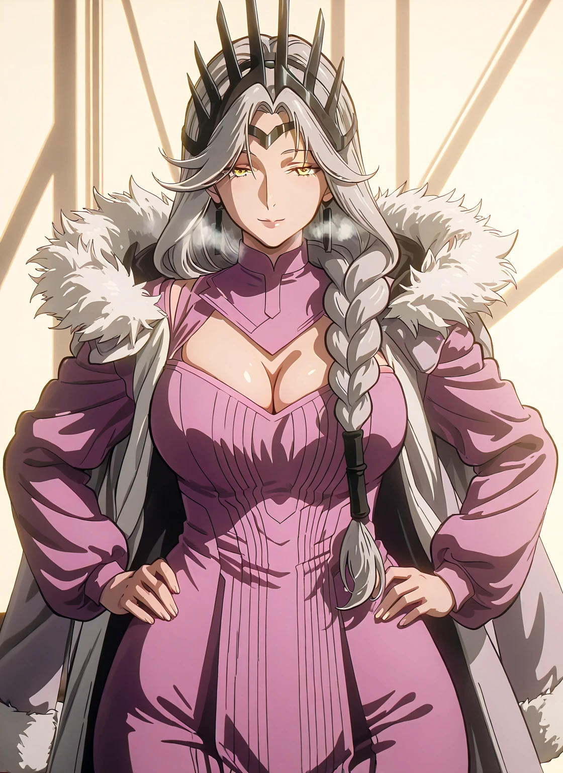 ,, ((anatomical correct)), ((Cinematic, unreal engine, eye-catching, ambient occlusion, UHD, masterpiece)), ((perfect lighting, soft shadow)), perfect body, perfect eyes, perfect fingers, gasping, heavy breathing, gasping profusely, (()), ((curvy)), mature female,long hair,grey hair,braid,yellow eyes, (voluptuous:1.5), (mature female:1.5), 1girl, , dress, rating:safe, purple_dress, tiara, hands_on_hips, solo, cleavage, jewelry, fur_trim, long_sleeves, detached_collar, smile,