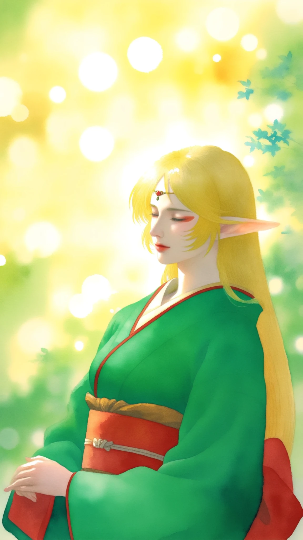 J_paint, deedlit \(record of lodoss war\), High Quality,Women's Japanese Paintings,facial detail,Graceful Posture,calm expressions,Delicate skin,Smooth Hair,Graceful Outfit ,natural background,soft lighting,traditional Japanese painting,watercolor,4K resolution,super definition,Realistic,Faded colors,bokeh