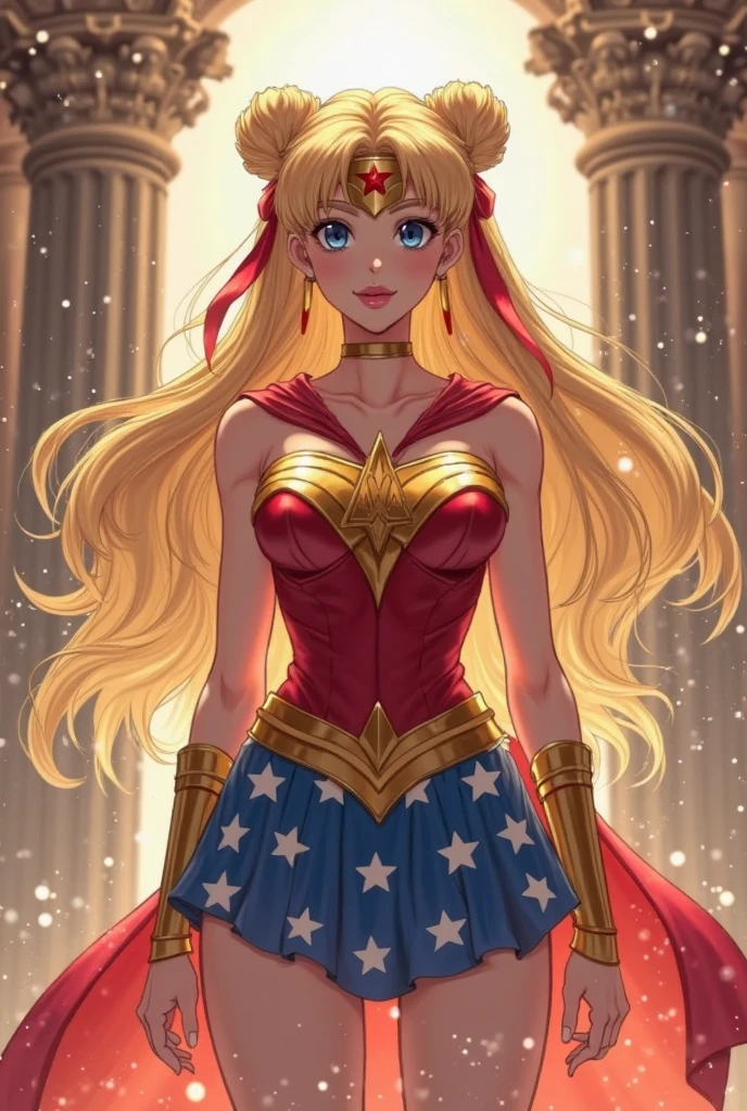 Visualize a gender-swapped Sanji from *One Piece* as a powerful and regal Wonder Woman. Her signature blonde hair is styled in a sleek, elegant manner, possibly in loose waves or a chic updo, showcasing her strong yet feminine presence. Her bright blue eyes are fierce and determined, reflecting Wonder Woman's strength and nobility.
She is dressed in a stunning Wonder Woman-inspired outfit:
- **Armor:** A form-fitting, iconic red and gold bustier with the traditional eagle emblem in gold across the chest. The armor is detailed with intricate patterns and metallic finishes, highlighting her heroic and regal appearance. She pairs this with a blue skirt or shorts featuring white stars, matching Wonder Woman’s classic look.
- **Accessories:** Golden, knee-high boots with a detailed, polished finish that complements her armor. A pair of golden bracelets on her wrists, styled to resemble Wonder Woman’s iconic cuffs, add to the look. She might also have a golden tiara with a red star emblem, symbolizing her royal status.
- **Additional Gear:** She holds Wonder Woman’s signature lasso of truth, which could be glowing or shimmering to emphasize its magical properties. Additionally, a shield or sword might be included, held confidently or displayed prominently to showcase her warrior prowess.
Sanji’s pose is strong and commanding, possibly standing with one hand on her hip and the other holding her lasso or weapon, projecting authority and courage. Her expression is confident and resolute, with a determined gaze that reflects her heroic spirit.
The background could be a grand, mythological setting such as an ancient battlefield or a majestic temple, adding to the epic and powerful atmosphere. The image should capture Sanji’s transformation into Wonder Woman with detailed attention to her costume and accessories, ensuring a visually striking and empowering representation of female Sanji as Wonder Woman.