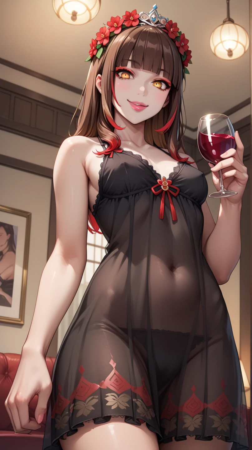 (((masterpiece, Highest quality, High resolution, 超High resolution, Perfect Pixel, Depth of written boundary, 4K, RTTX 10.0))), Beautiful Anime Women, Beautiful art style, Anime characters, ((Smooth texture, Realistic texture, Anime CG Style)), Exact finger count、Exact number of legs、(Exact number of arms:1.0, Exact number of hands:1.0), (Perfect hands, Perfect Anatomy), Cinematic, Realistic, Extremely detailed CG, Daytime lighting, Perfect lighting, Best Shadow, The best natural light, whole body, Perfect body, バランのとれたPerfect body, Perfectly balanced style, (Slender body:1.2), ((Long Hair, bangs, Reddish brown hair, Stylish hairstyle)), ((A cute woman stands with her hands in her panties:1.8)), (Put one hand in your panties:1.8), (fingering:1.8), (pussy juice:1.5), ((Bow tie around neck, High heels:1.3), (Sexy and cute red underwear:1.3), (Stylish shiny red satin panties, Side-tie panties, Panties with plain red center and lace decoration on the sides:1.3), (Thin panties:1.3), (Red Micro Lace Satin Bra, Red bra with lace trim, Thin bra:1.3), (garter belt, Black knee socks:1.3):1.3), (Beautiful big , Cleavage:1.1), (Embarrassed expression:1.4), blush, (sexual pleasure expression:1.5), (The expression of someone who is holding in the toilet:1.4), (Look up, Mouth half open, Half-close your eyes:1.2), (Stylish bar, Stylish restaurant, Many customers in the background, A busy store, Chair, table:1.3), naked, In underwear, Waitress in underwear, (Frilly maid-like headband:1.2), whole body, Angle from the front, chizuru