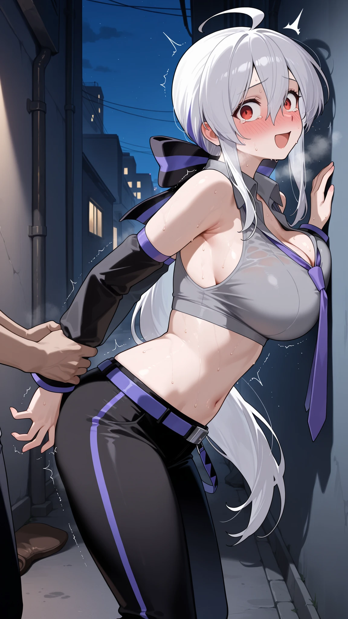((masterpiece)),((best quality)),(ultra-detailed),(an extremely delicate and beautiful),detailed backgroud, ((((1woman,tall stature)))and(((1muscular boy,tall stature)))),((((hetero)))),(height difference),(((wrestling ring))), (1woman),((((silver wolf/(Honkai:star rail/)))),(curvy:1.4),(huge breasts), pale skin,shiny skin, long hair,ponytail ,drill hair,hair between eyes, eyewear on head, navel, midriff,((She wears jacket, black jacket, sunglasses, gloves, black gloves, fingerless gloves, shorts,black shorts, shirt, white shirt, choker, crop top, fur trim)),(rolling eyes:1.4),(ahegao),(trembling),clothing aside, nipples,sex from behind, standing sex, bent over, grab her arms, ((((motion lines)))), vulgarity, clothed,(cum in pussy:1.4),cum on clothes,cum on breasts,cum in mouth,cum on hair,(excessive cum:1.4), ((((1muscular boy)))),large penis,dark-skinned muscular boy,interracial,