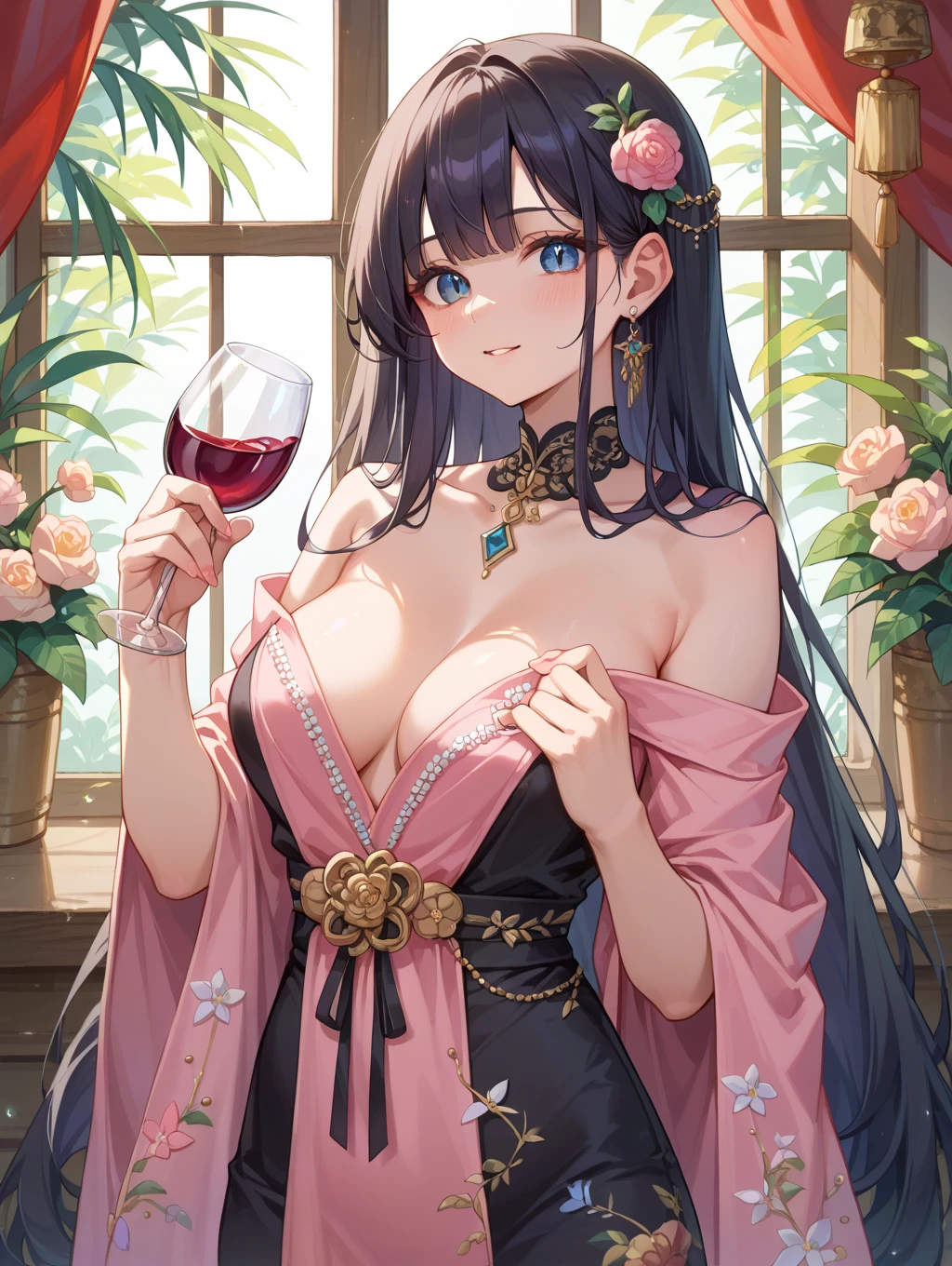(best quality), (highly detailed), masterpiece, (official art),(lolopechka:1.2),smile, chicken,jewelry, necklace, earrings, hand on hip, holding fan, red dress, solo, cleavage, pearl necklace, dress, whisk, makeup, red lips, lipstick, smile, large breasts, lips, bare shoulders, open mouth, medium breasts, collarbone, eyeshadow,blurry background,depth of field, best quality, masterpiece, intricate details, tonemapping, sharp focus, hyper detailed, trending on Artstation,1 girl, high res,facing viewer, official art