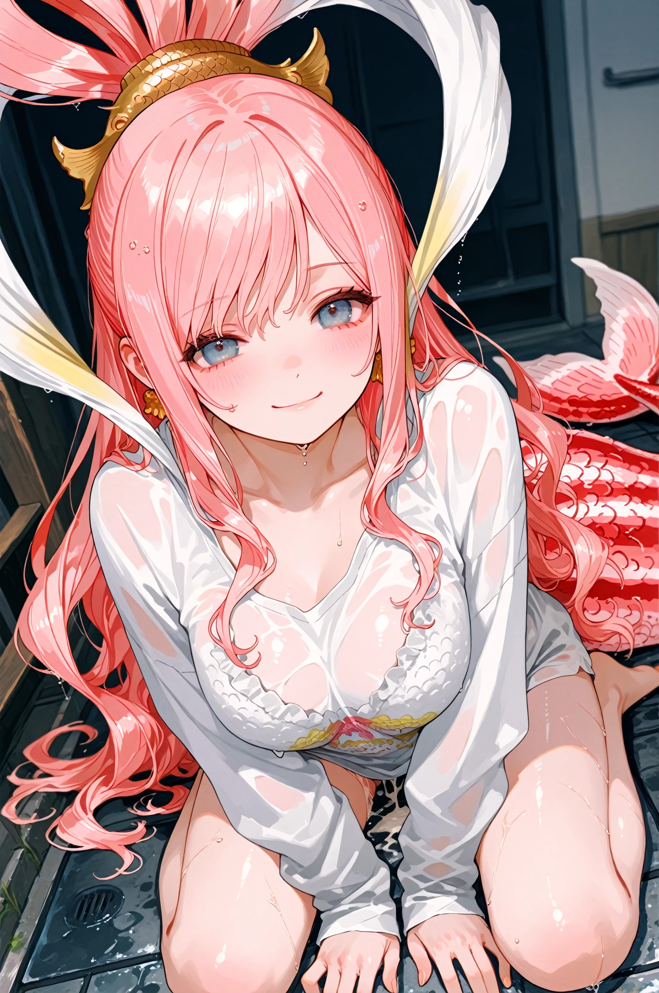 Mermaid girl with pink hair and dark blue eyes filled with cum
