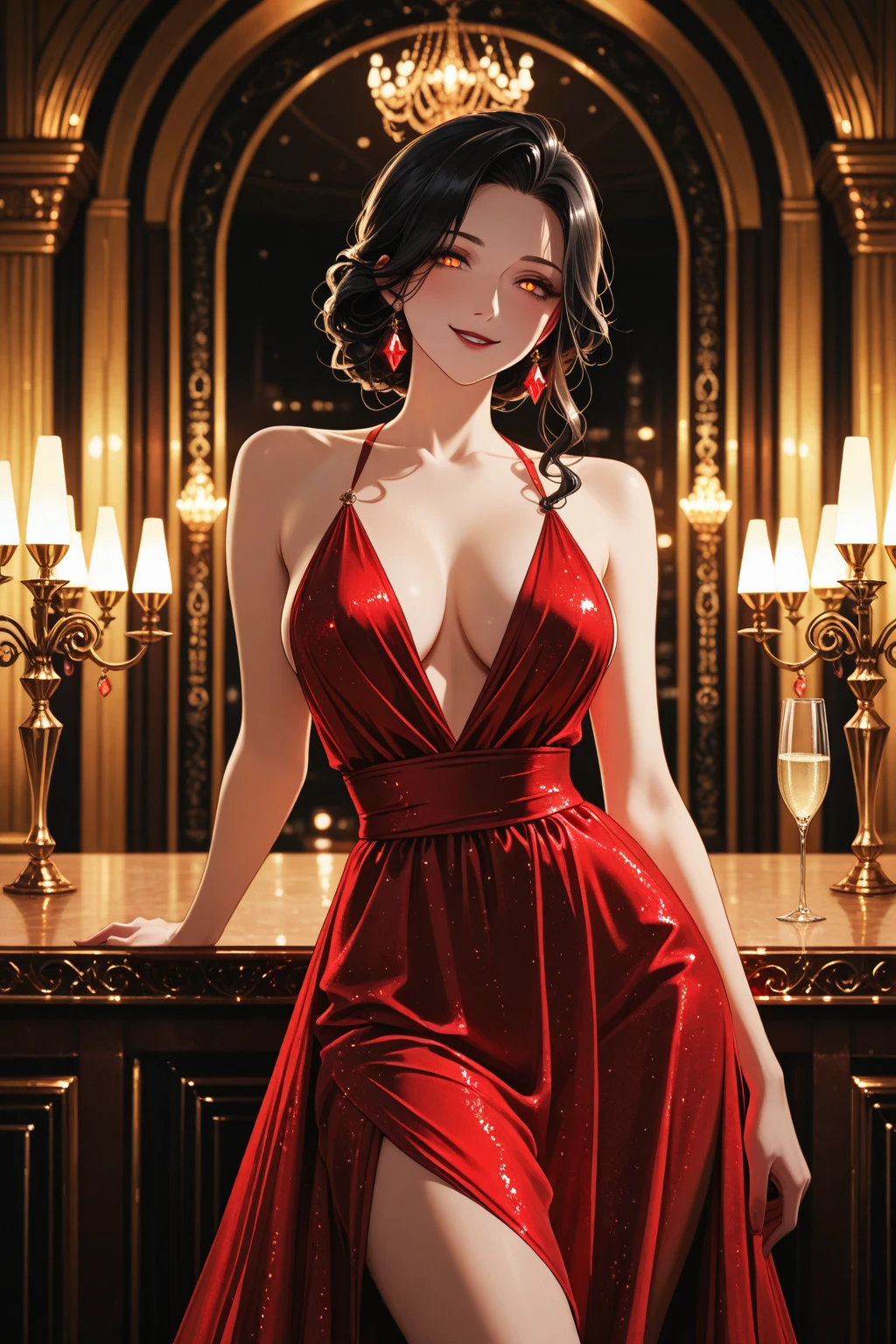 (masterpiece,highest quality,超A high resolution),2 japanaese girl with pony tail hair (((Very beautiful 35 year old girl))), pretty woman, a woman in the mermaid long train silk red skirt,the skirt is very long, full body, wear blazer, wear sexy blouse, wear glasses,long satin, flowy dramatic long skirt, talwomen, make coversasion with her bos, work in office, wear high heels, masterpice (Shiny red long train dress mermaid-style long skirt