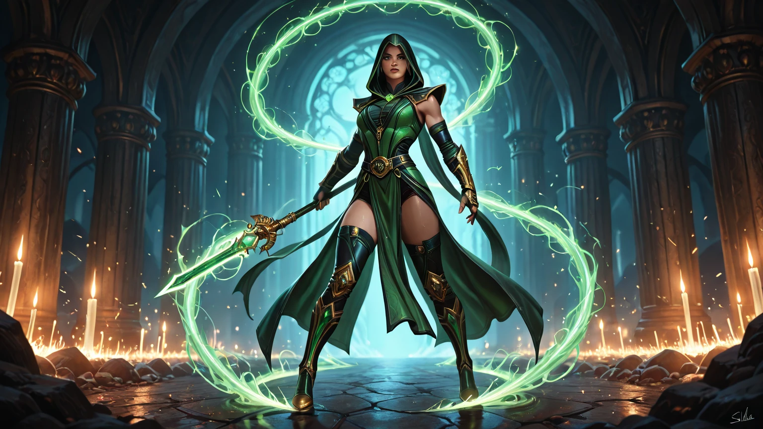 Elaborate border, light skinned desi woman, she is wearing hooded rogue armor, she has short straight black hair parted to a side, she has green eyes, she is standing in front of an eclipse, she is wearing metallic boots, she is holding a pitch black dagger, she has no makeup, background of dark smoke, good anatomy, dynamic pose, good proportions, modern style, vector, highly detailed, intricate, masterpiece, realistic, professional, Dark Fantasy, d&d, replace all gold in image with silver (centered), (well framed), vector-art, gradient color, detailed, realistic, professional art masterpiece, (Art Nouveau), Illustration by Alphonse Mucha, (vector-art:1.1) Negative prompt