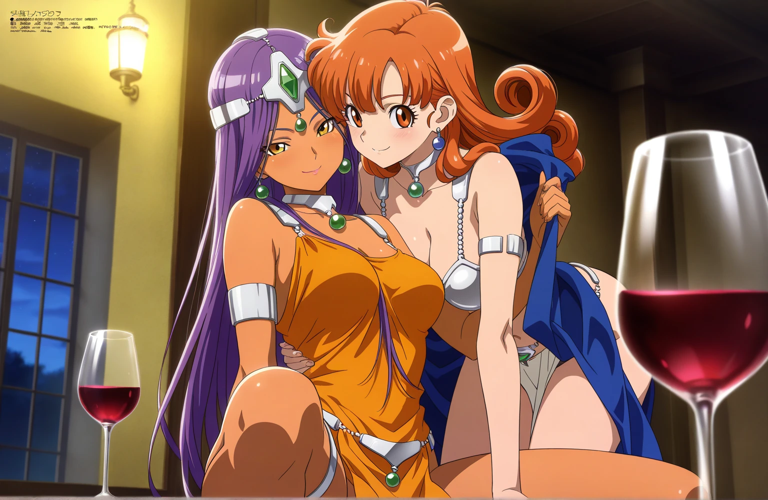 1990s (style), 1980s (style), retro artstyle, mememe, fair-skinned, long hair, aqua hair, blunt bangs, pink eyes, pink dress, purple sleeves, purple thigh highs. NSFW