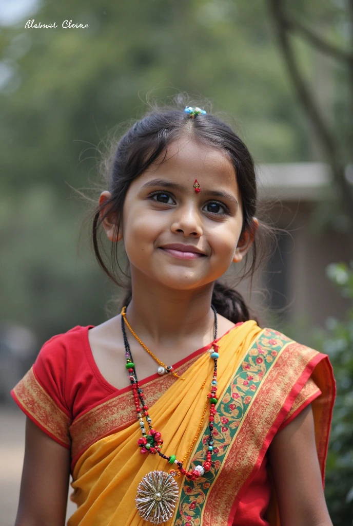 Indian girl standing on a road infront of a school wearing Indian traditional clothes , natural background , amateur photography , have sindhoor on forehead , side pose face slightly visible , smiling in shyness , shaky blur photo