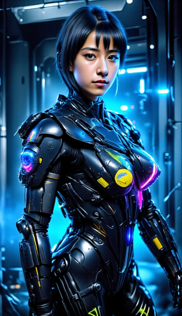 (high quality), (masterpiece), (detailed), 8K, Hyper-realistic digital illustration depicts the (upper body1.3) of a (Japanese woman1.3) with (vibrant blue hair1.5) and (intense blue eyes1.5), topless, sexy, wearing a (futuristic kebaya1.2) with (intricate batik patterns1.2) inspired by Indonesian culture. Her (fantasy outfit1.2) is adorned with (glowing accents1.2) and (neon lights1.2), reflecting the modern and futuristic atmosphere. In style of Ash Thorp, trending on DeviantArt.