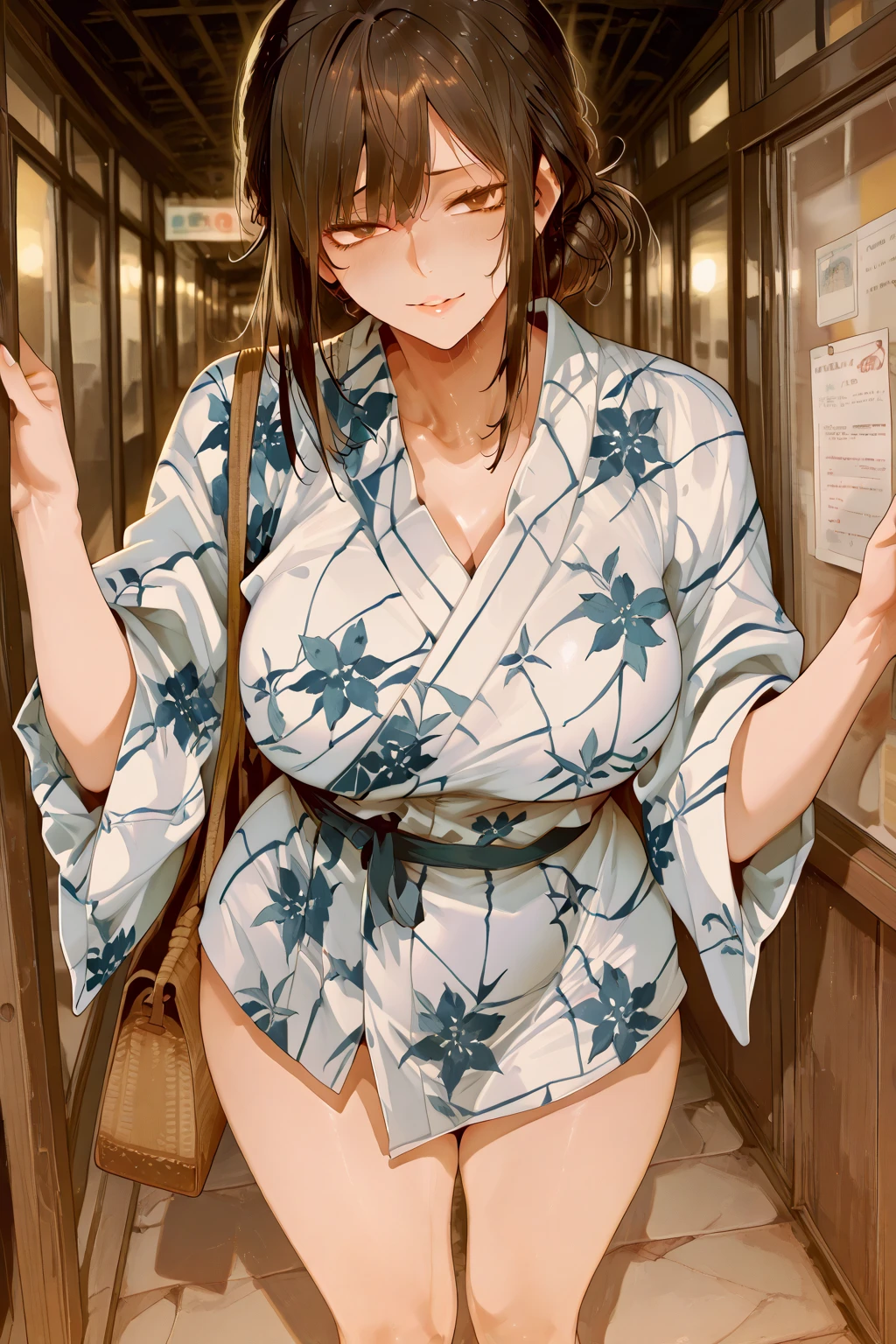 masterpiece, best quality, absurdres , perfect ??????? ,wang yujia, Black hair , smiling ,(((nsfw))) , (((busty))),1girl, sensual body, Her cheeks flushed, Gravure photography , sexy model, kimono, front open uniform , sexy bikini model, white and pink bikini , micro bikini , frilly bikini, nipple ring , nipple pierce ,heart shaped hole bikini