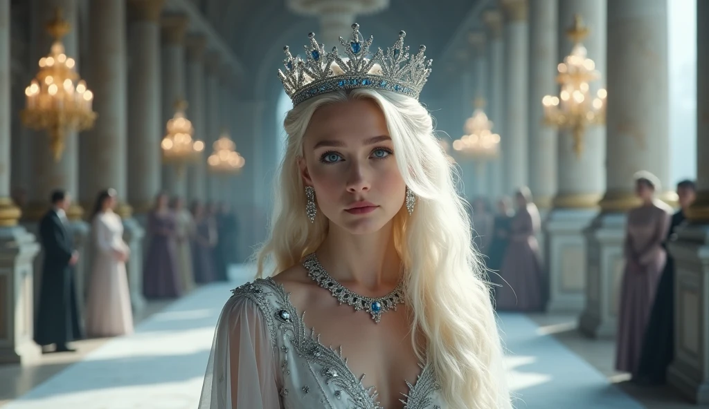   a close up of a woman with a crown on her head, da rainha élfica Galadriel, Galadriel, Galadriel in Lothlórien, blonde elf empress, Galadriel from The Lord of the Rings , Scene where she is in Rivendell, beautiful elven princess,   imogen Poots as Holy Paladin  , Elven Princess, persephone 