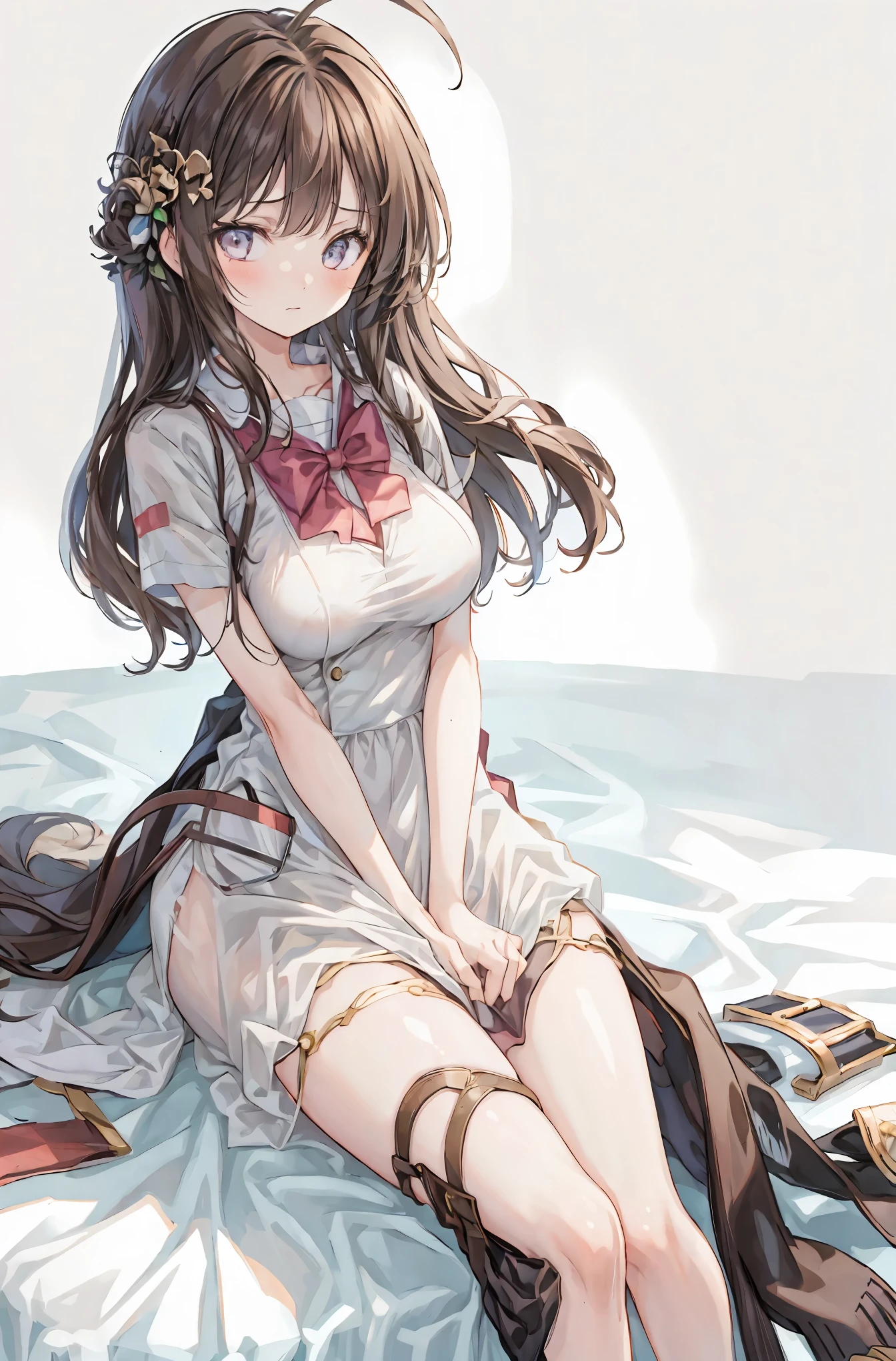 one girl, (beautiful girl, delicate girl:1.3), (14 years old:1.3),
BREAK, (nurse costume:1.3),
BREAK, (sitting on a hospital bed:1.2),
BREAK, Very Thin Eyes, (symmetrical eyes on canon:1.3),
BREAK, small breasts, brown eyes, split bangs, brown hair, (upper teeth, Best Smile:0.2),
BREAK, (Eye and Face Details:1.0),
BREAK, (masterpiece, Highest Quality, Super Detailed, detailed face, 8k)