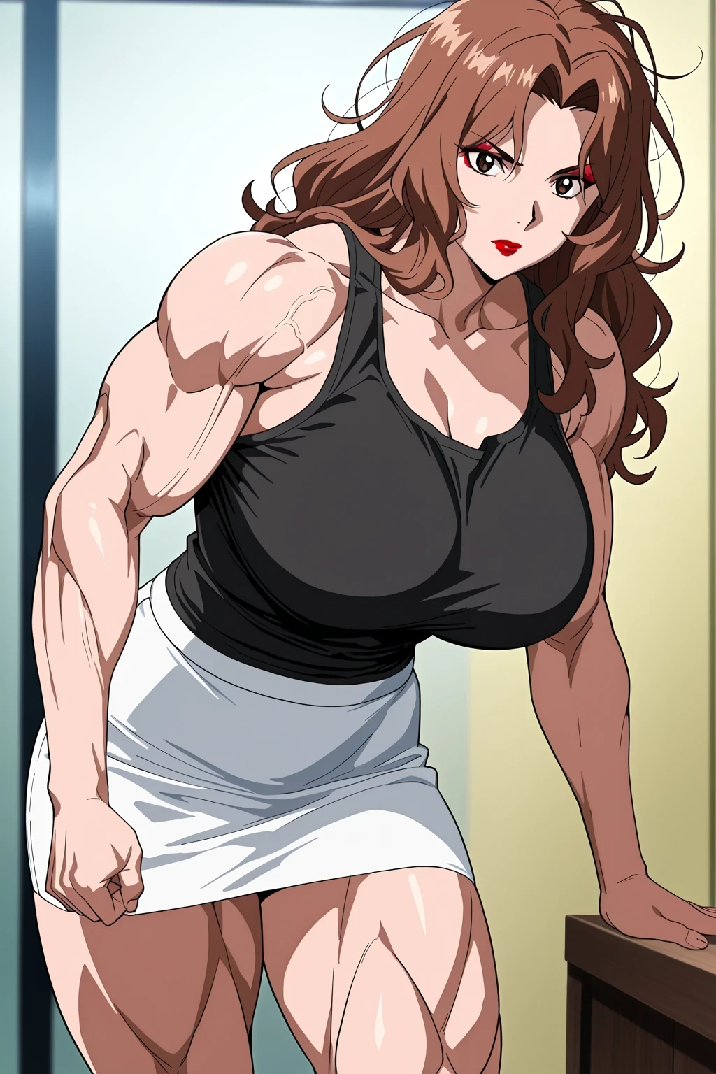 score 9 , score 8 up, score 7 up, source anime, 傑作, best quality, best image quality, best resolution, anime coloring, anime screencap, anime screenshot, 1woman, Close-up of a woman with long brown hair, muscular and strong, makeup, messy hair, lipstick, wavy hair, parted bangs, muscular and strong, brown eyed woman, solo, huge breasts, strong muscles, クラシック woman, huge breasts, strong muscles, very large breasts, made by an anime artist, huge boobs, wearing white tight skirt, outfit:black tank top, biceps, biceps long head, biceps short head, triceps, triceps medial head, triceps lateral head, triceps longhead, brachioradialis, deltoids, anterior deltoids, middle deltoids, posterior deltoids, thigh muscles, semitendinosus muscles, hamstrings, adductor magnus muscles, collarbone, trapezius, plain tank top, woman ロマンス, (black tank top:1.5), official anime style, basic tank top, muscular woman, skin tight tank top, muscular and feminine, 魅力的なアニメの女性, very tall woman, toned body, 大人の色気, wearing a white tight skirt, アニメチンコ!!!!, (white tight skirt:1.5), tank top with an black, tight skirt with an white, bare shoulders, bare arms, bare legs, tank top and tight skirt only, cowboy shot, looking at viewer, female focus, Placed in front,