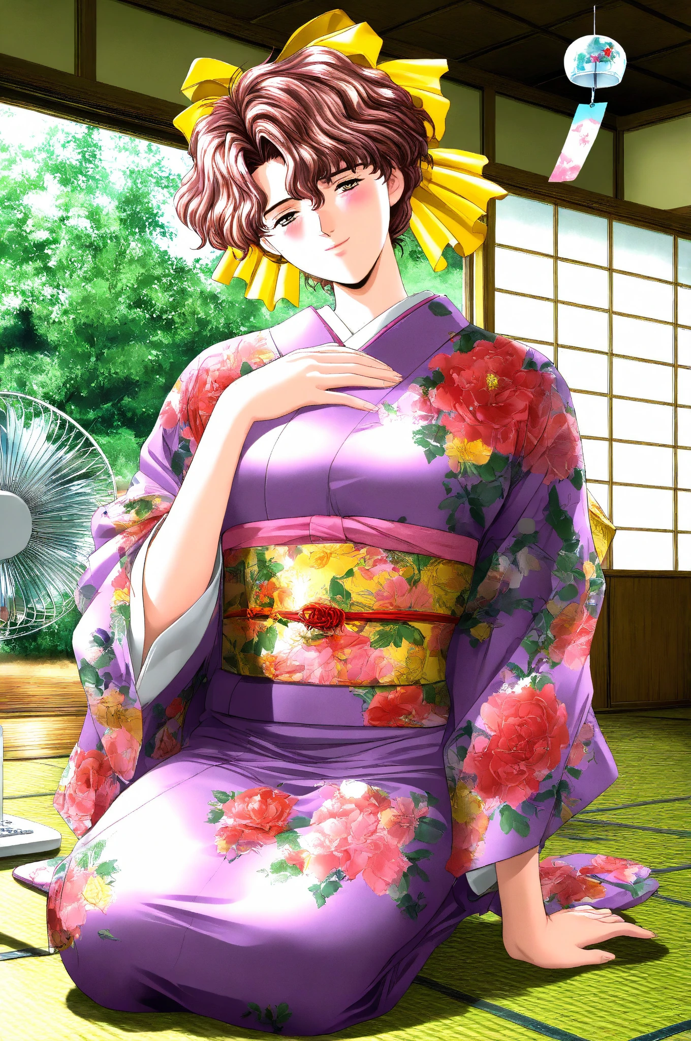 Gender bender, male Haruno Sakura, flat chest, kneeling, sexy yukata, at a party entrance, at night