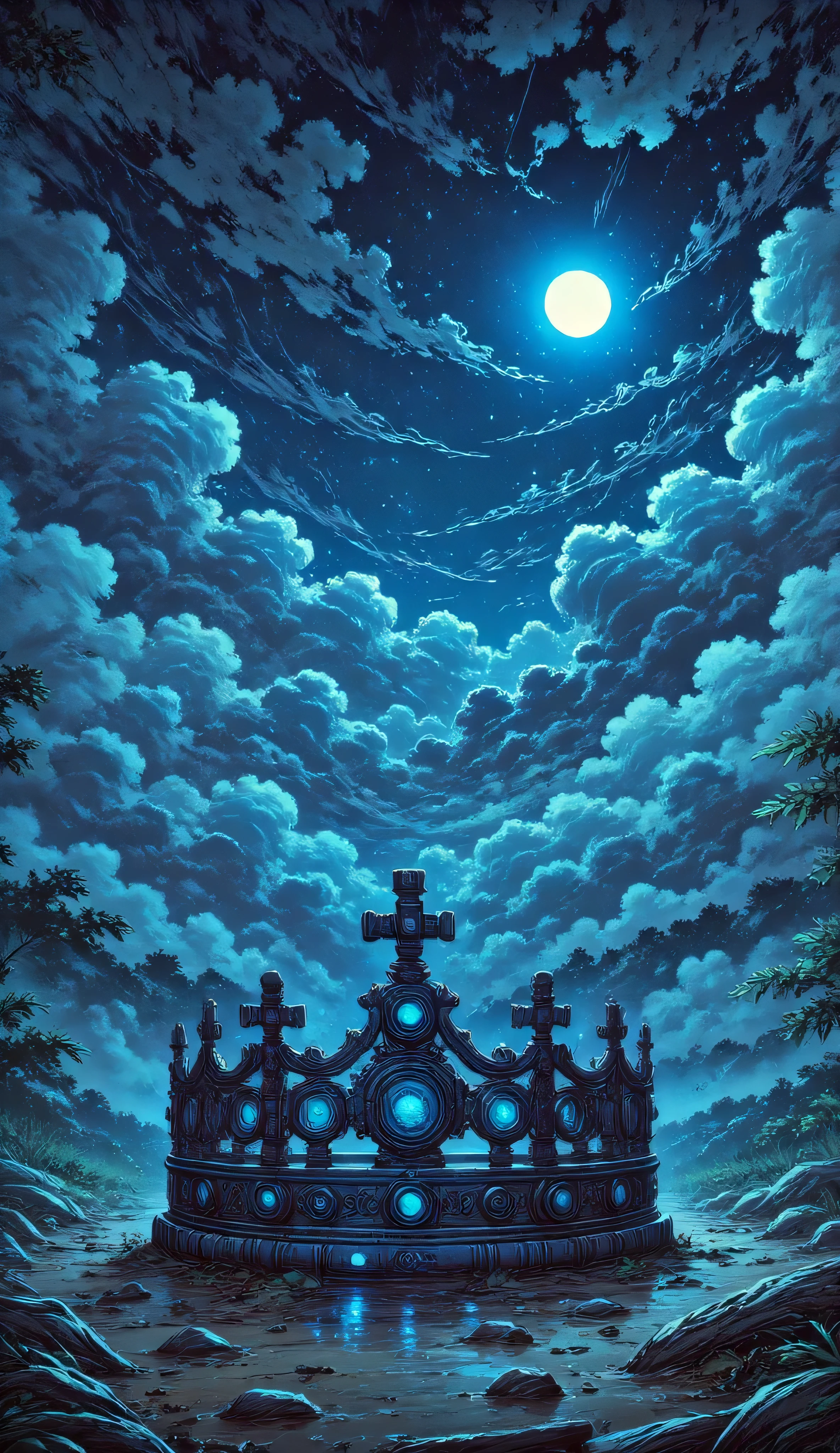 crown photography, realistic, night time, blue and black color theme