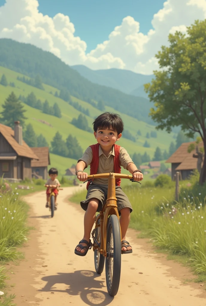 a lonely boy riding a bicycle in the mountains, a river flowing nearby, a small house in the background, detailed facial features, (best quality,4k,8k,highres,masterpiece:1.2),ultra-detailed,(realistic,photorealistic,photo-realistic:1.37),landscape,beautiful detailed eyes,beautiful detailed lips,extremely detailed eyes and face,longeyelashes,detailed clothing, peaceful atmosphere,warm color tones,natural lighting,vibrant colors