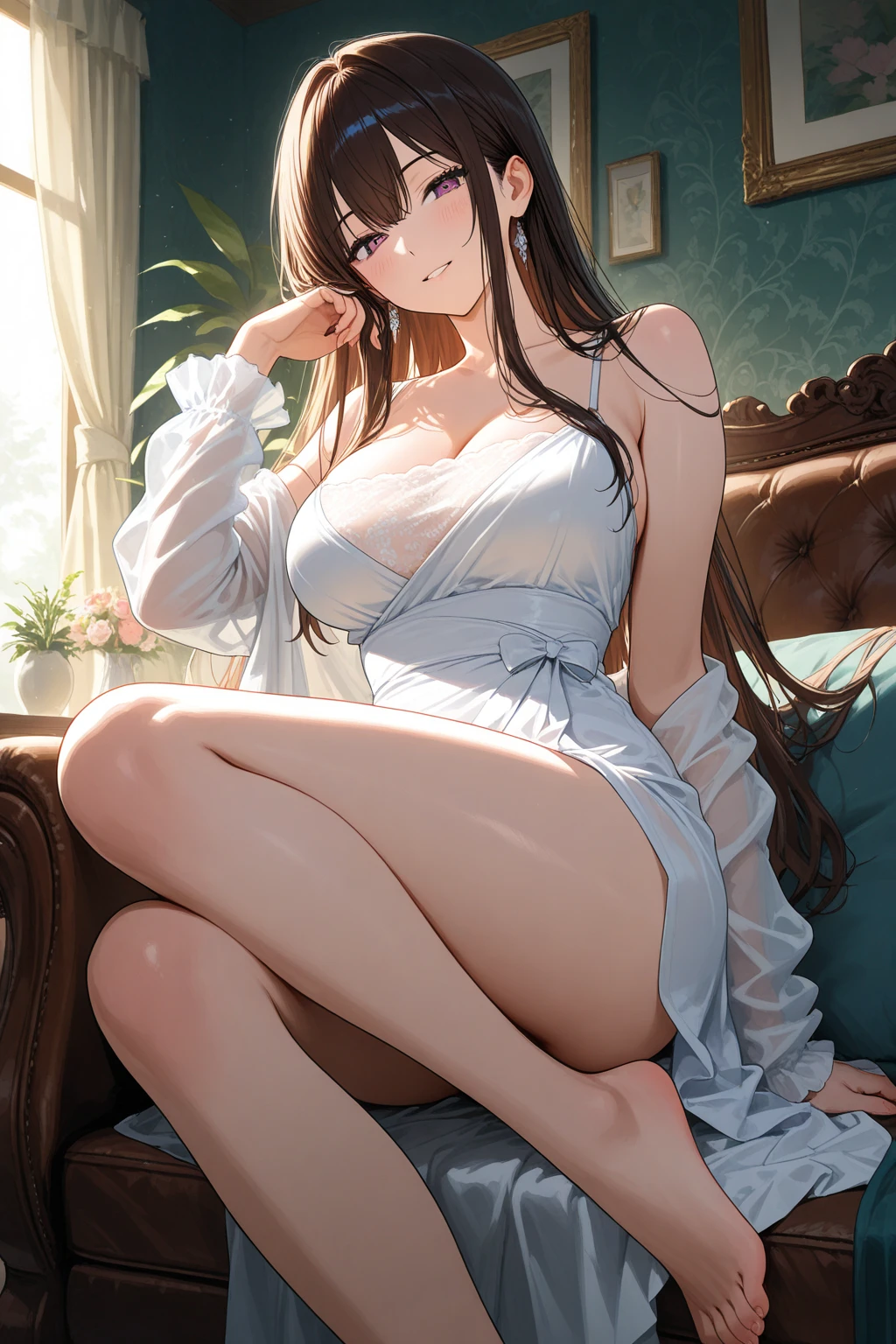 beautiful beauty(lie on bed)　Beautiful eyes、Gentle atmosphere、beautiful underwear、a lot of cherry blossom、brown hair、sexy、friendly smile、hotel room、fantasy、magic light、mysterious light、rembrandt　Light Magical Gentle Light 、starrynight,universe、body stockings、big breasts、bust 90、beautiful city、window、night view、beautiful decoration、art nouveau、Alphonse.Mucha、falling petals、ART、UHD、highest quality、masterpiece、