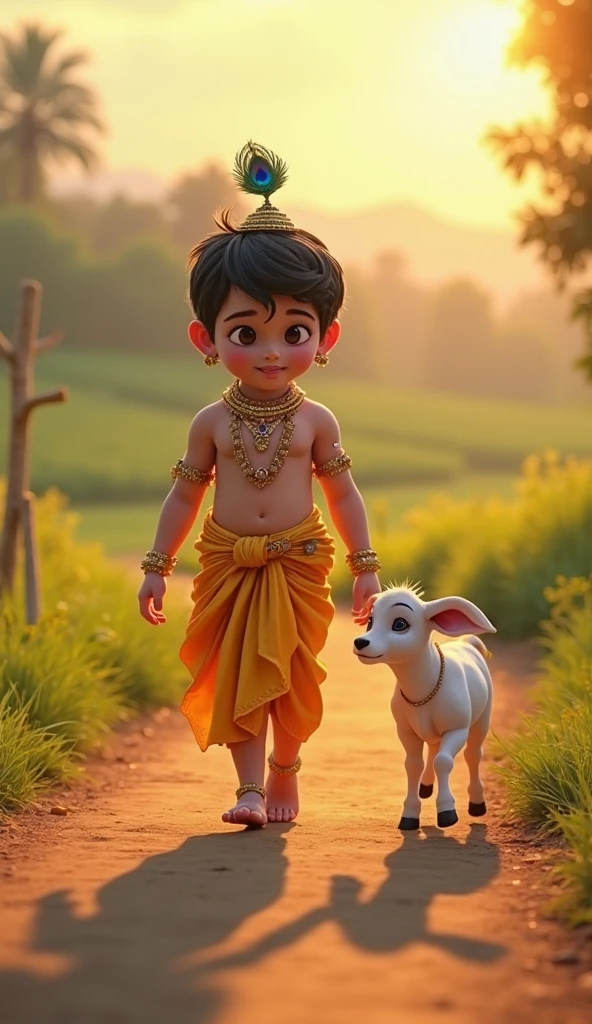 A cute young boy, Lord Krishna, walking through a lush, verdant forest, accompanied by a gentle cow, beautiful detailed eyes, beautiful detailed lips, extremely detailed eyes and face, long eyelashes, serene expression, traditional Indian clothing, intricate jewelry, rays of warm sunlight filtering through the trees, glowing magical aura, (best quality,4k,8k,highres,masterpiece:1.2),ultra-detailed,(realistic,photorealistic,photo-realistic:1.37),portrait,fantasy,vibrant colors,cinematic lighting
