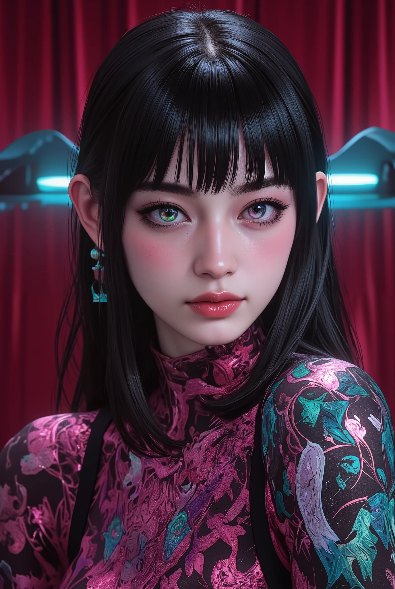 (best quality, 4k, highres, masterpiece:1.2) , ultra-detailed, (realistic, photorealistic:1.37), beautiful English demonic woman's professional photo pub, (super detailed iridescent cian eyes:1.8), Velvia, Taken at 65mm, 16 megapixel, 8k, photorealistic, Amazing depth, bangs, hime cut, shining rich colors , emphasize the strength of the pattern, psychedelic hues, 3D final rendering, Surreal, 3d shading, Cinematic Lights, art station concept art, aidmaRealisticPeoplePhotograph, 