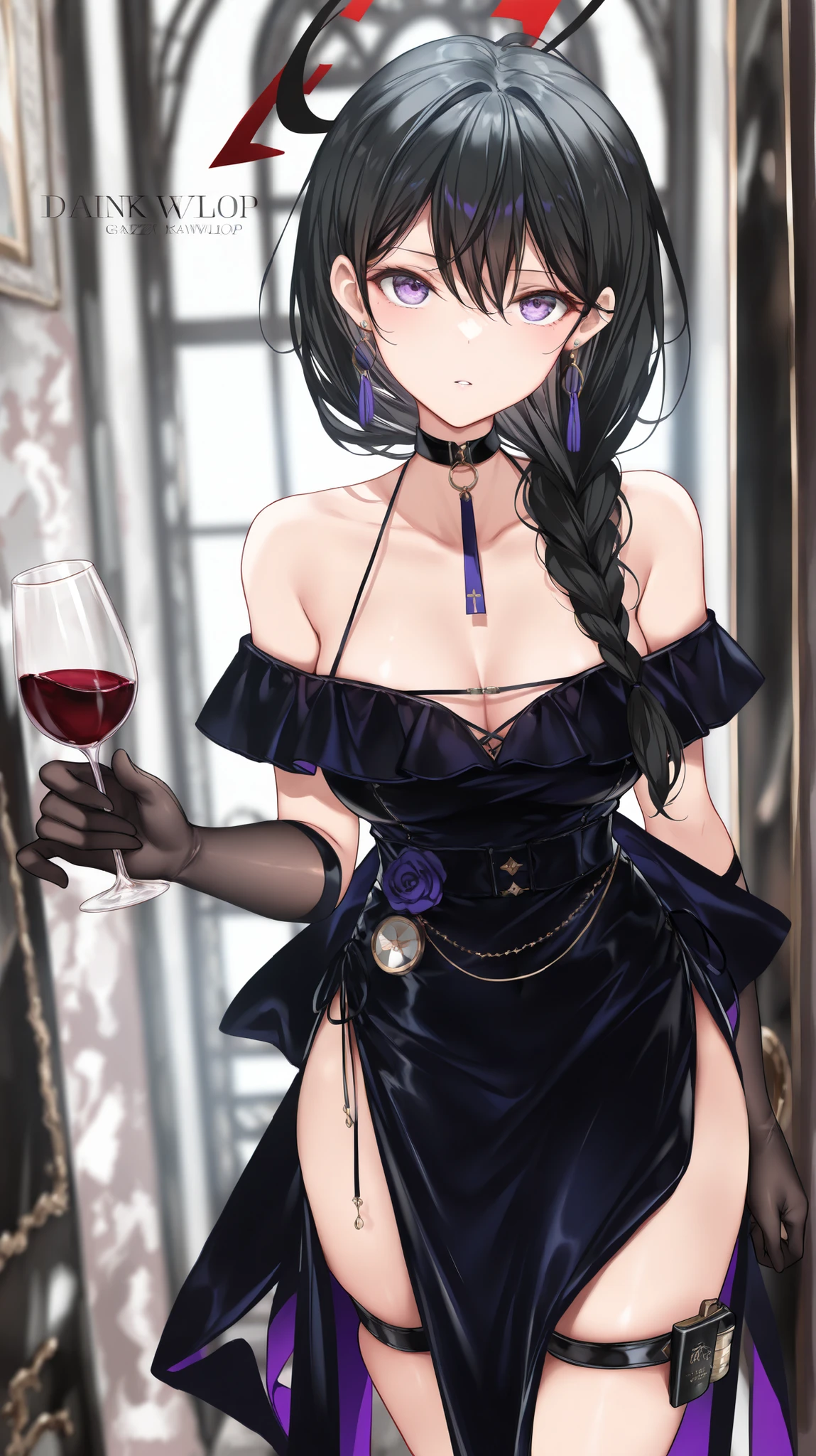 dark_art_style,dark_light_style,artist:kazutake_hazano, artist:danimaru,[artist:ask_(askzy)], artist:wanke, artist:wlop, artist:fujiyama, artisit:yuyu_(yuyuworks)，artist:hiten_(hitenkei),atrisit:dishwasher1910,in style of ashley wood,in the style of Alex Hirsch,in style of American McGee,
bang_dream!_it's_mygo!!!!! ,shiina_taki, absurdres , highres,1girl ,black_choker ,black_gloves, black_hair ,braid,small breasts, choker, cup, dress, earrings ,gloves, half_up_braid ,happy_birthday ,jewelry ,long_hair,mole, mole_under_eye, off-shoulder_dress ,off_shoulder ,purple_eyes ,purple_theme, skindentation, solo, thigh_strap
holding ,holding_cup,wine,looking_at_viewer, (pass cup to viewer:1.3),(cup fouse:1.3),(depth of field,foreshortening,Panorama:1.3), (fourth_wall:1.3),