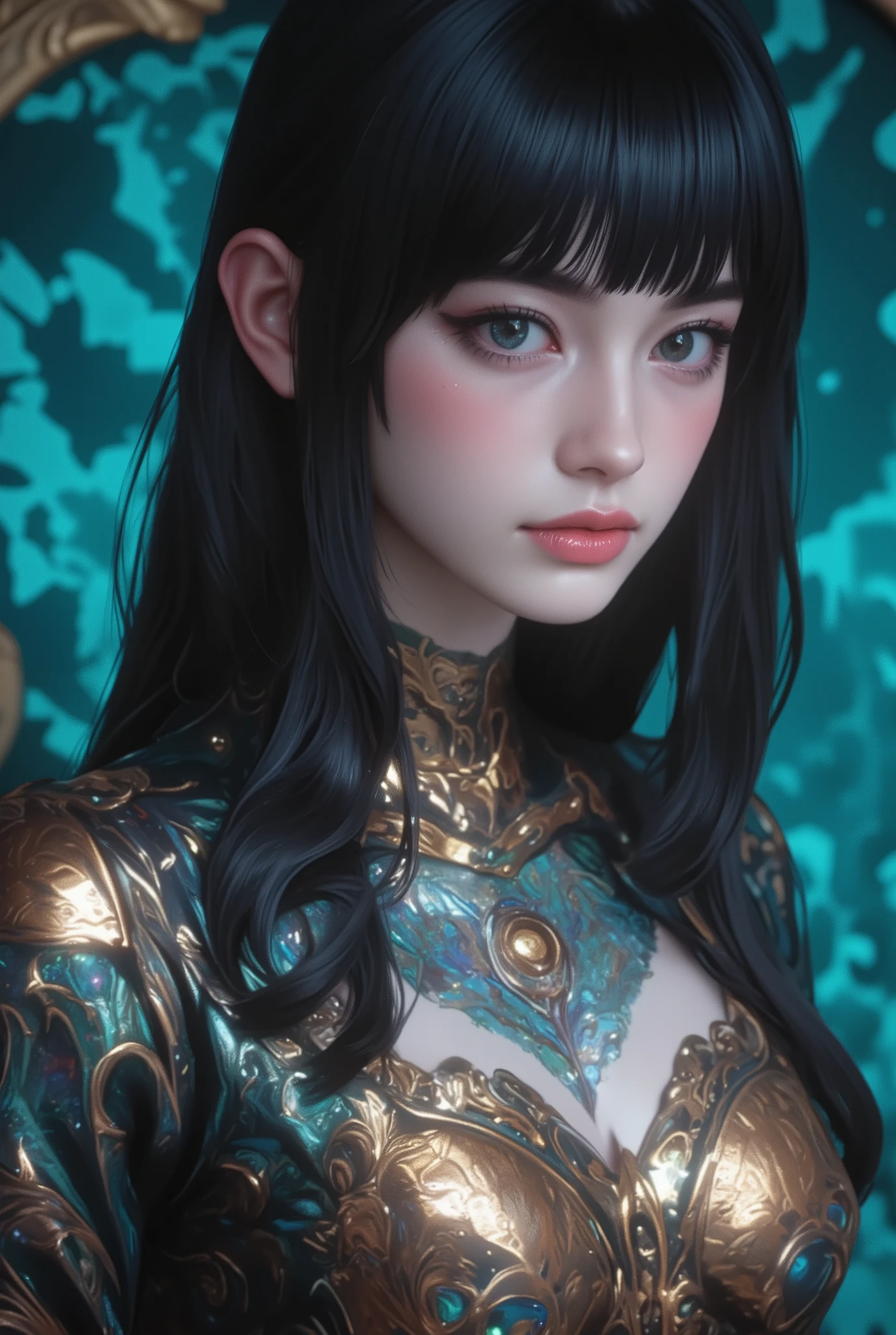 (best quality, 4k, highres, masterpiece:1.2) , ultra-detailed, (realistic, photorealistic:1.37), beautiful English demonic woman's professional photo pub, (super detailed iridescent cian eyes:1.8), Velvia, Taken at 65mm, 16 megapixel, 8k, photorealistic, Amazing depth, bangs, hime cut, shining rich colors , emphasize the strength of the pattern, psychedelic hues, 3D final rendering, Surreal, 3d shading, Cinematic Lights, art station concept art, aidmaRealisticPeoplePhotograph,