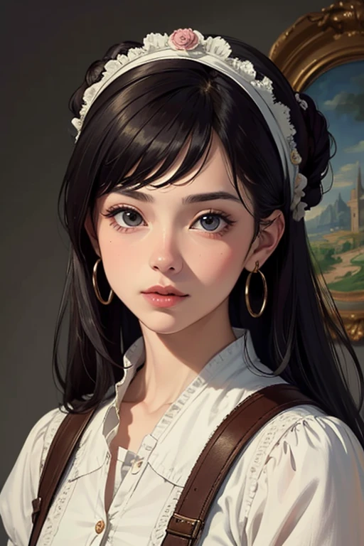 a highly detailed and intricate portrait of a noble woman with vibrant dark hair styled in a delicate braid, set against the backdrop of Europe in the 18th century victorian era, masterfully rendered with exceptional realism, dramatic lighting, and exquisite attention to detail, 8k resolution, best quality, complex design, enlarged texture, photorealistic