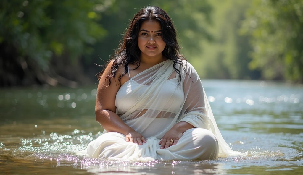 a woman padded different  and saree,big cheeks, curvy, hourglass figure, swooping breasts, deep cleavage, open arms, sexy armpits,big , , ass, necklace, (cinematic:1.3), intricate details, (ArtStation:1.2),there is a wooden bench sitting on the side of a lake, setting in nature, wood chair, sit on a bench, peaceful environment, sitting in front of a lake, peaceful scene, bench, sitting alone, peaceful atmosphere, serene environment, benches, tranquility, quiet and serene atmosphere, sitting near a river, sitting on a bench, serene scene, sittin,