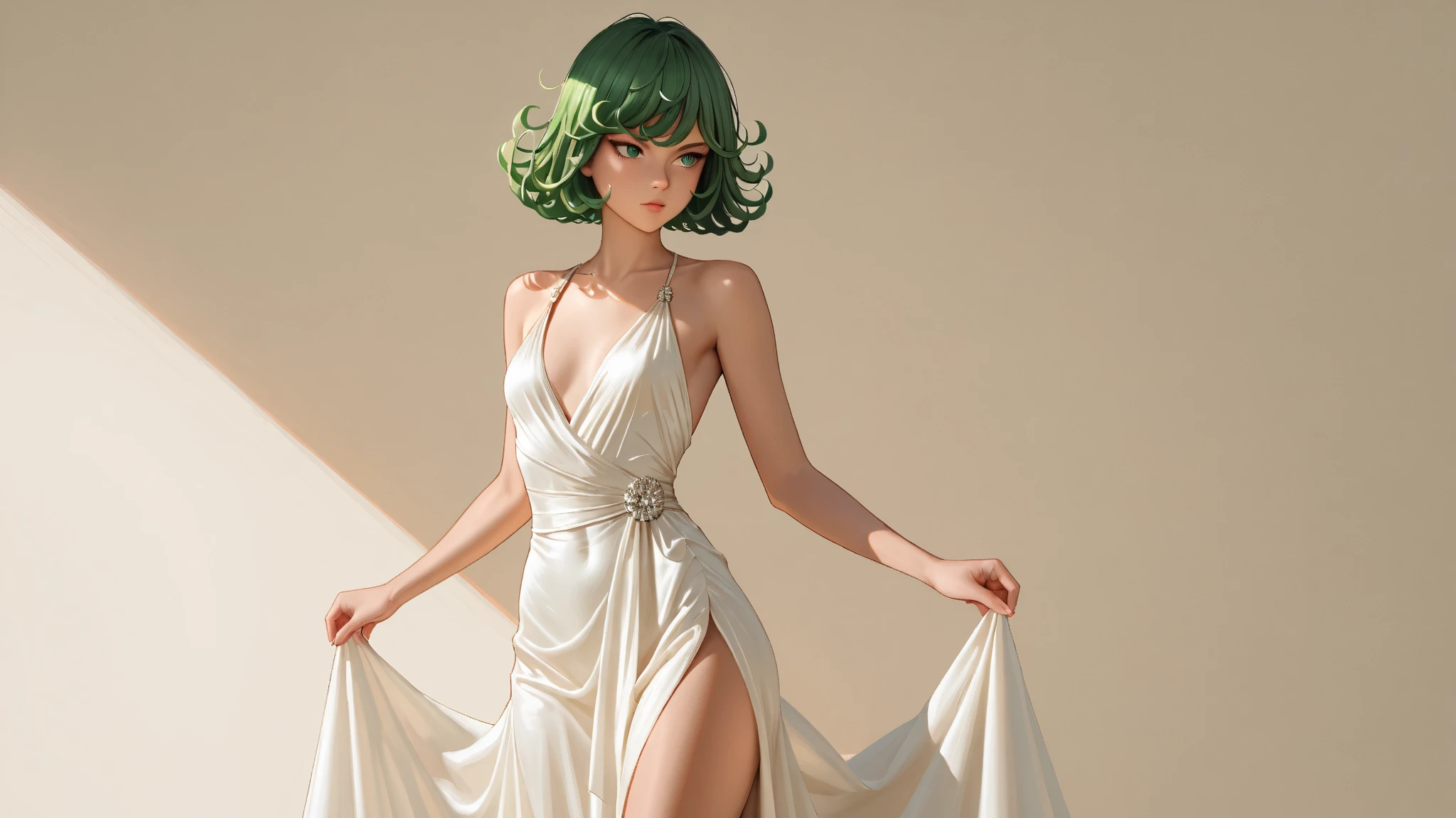 (photo_\(medium\):1.0), 1girl, solo. by Andrew Atroshenko, by Norman Rockwell, naked, pussy, nipples, green hair, messy hair, short hair, green hazel eyes, cowboy shot