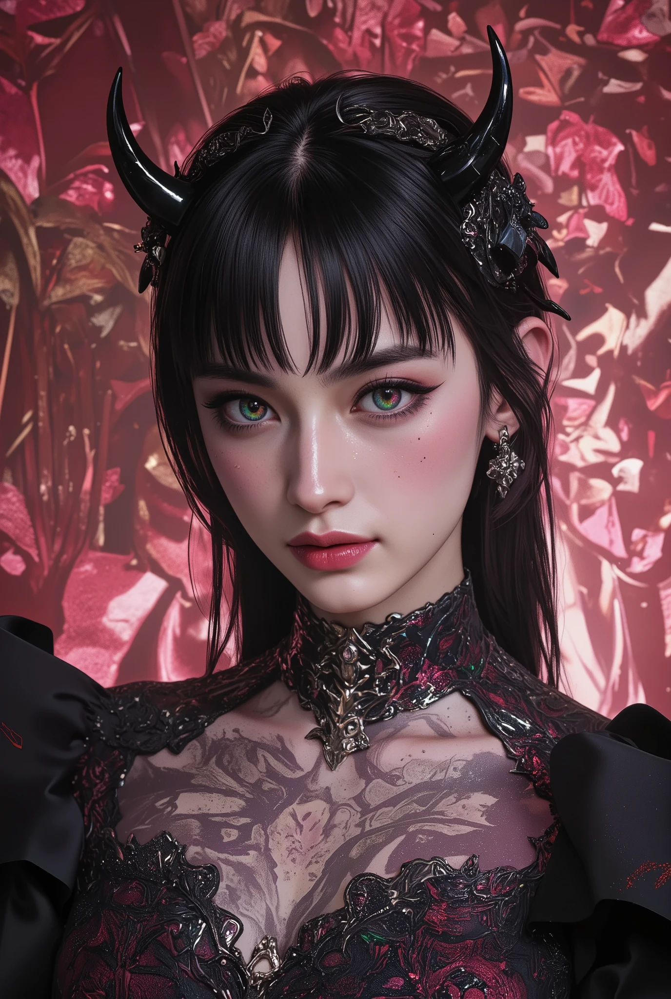 (best quality, 4k, highres, masterpiece:1.2) , ultra-detailed, (realistic, photorealistic:1.37), beautiful English demonic woman's professional photo pub, (super detailed iridescent cian eyes:1.8), Velvia, Taken at 65mm, 16 megapixel, 8k, photorealistic, Amazing depth, bangs, hime cut, shining rich colors , emphasize the strength of the pattern, psychedelic hues, 3D final rendering, Surreal, 3d shading, Cinematic Lights, art station concept art, aidmaRealisticPeoplePhotograph,