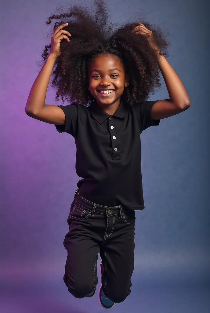 The character is a 9-year-old Ebony girl with vibrant black hair. She has a mischievous smile, and one of her front teeth is missing. Her hair falls in soft curls around her shoulders. She is wearing a outfit, which consists of a dark blue short skirt end a white shirt. The underwear is simple and made of soft cotton fabric. Overall, the character exudes youthful energy and enthusiasm, climbing up the school stairs.