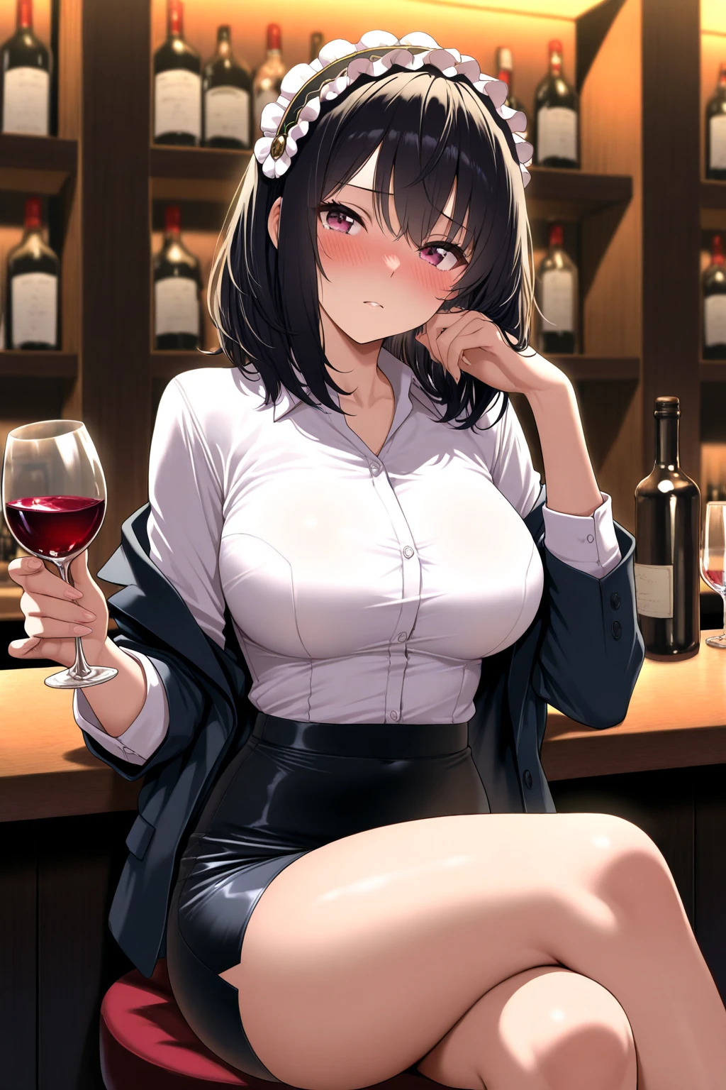 1girl, natural lighting, masterpiece, highly detailed, illustration, game CG, absurdres, high quality, aichan, large breasts, beautiful detailed eyes, short brown hair, side braid, collarbone, waistcoat, short pencil skirt, thigh highs, sleeveless, neck ribbon, cleavage, hostess club, wine bar, welcoming