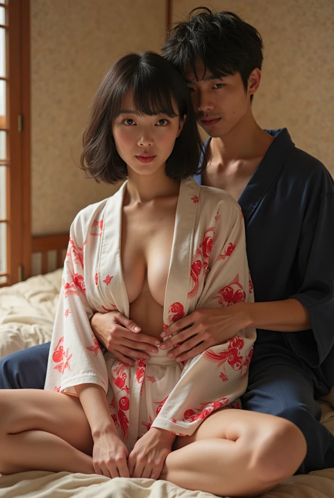 highest quality、4K quality、Man Standing、Woman in kimono riding a man、a man fondles a woman's breasts、A man spreads a woman's legs、slender、Small face、18-year-old、nude crotch、Shooting from behind