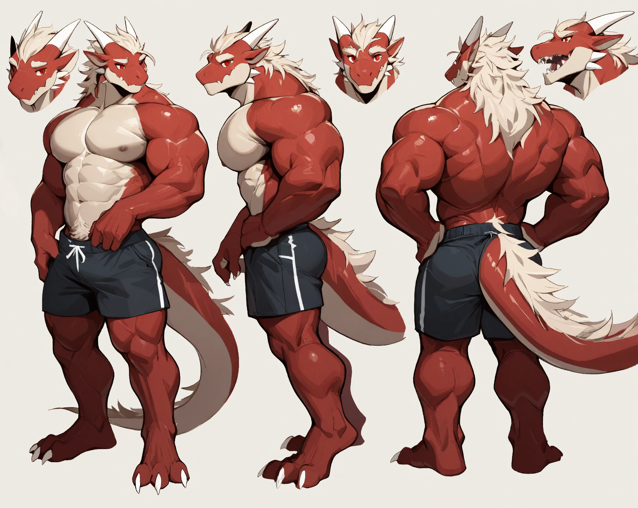 sketches of a dragon male, pink dragon fursona, [ character design ], character adoptable, anthropomorphic dragonmale, tome + concept art, full body concept, fursona art, fursona commission, character design contest winner, big muscular, red sport shoes, wearing harness, white jockstrap, back