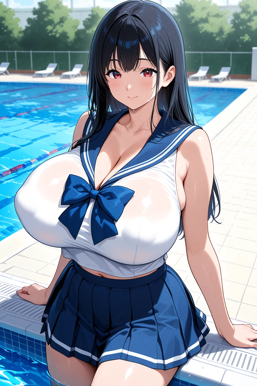 (Detailed face),gigantic breasts, sailor outfit, skirt, cum on chest, sitting down, long dark brown hair, green eyes, mean, lip ring, midriff