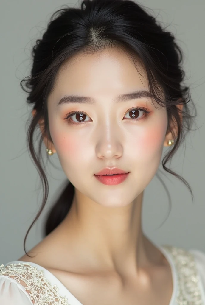Create a photorealistic image of a beautiful Asian woman with fair, smooth, flawless skin. She has large, round, sparkling eyes with naturally long and curled eyelashes, and well-defined, dark eyebrows. Her nose is straight and high, and her naturally pink, soft lips form a gentle smile. She has short, slightly curled brown hair that highlights her delicate facial features. Her face is oval-shaped, with a wide and high forehead, moderately high cheekbones, and a pointed, slender chin. She is wearing a light grey bra that complements her elegant and feminine appearance.
